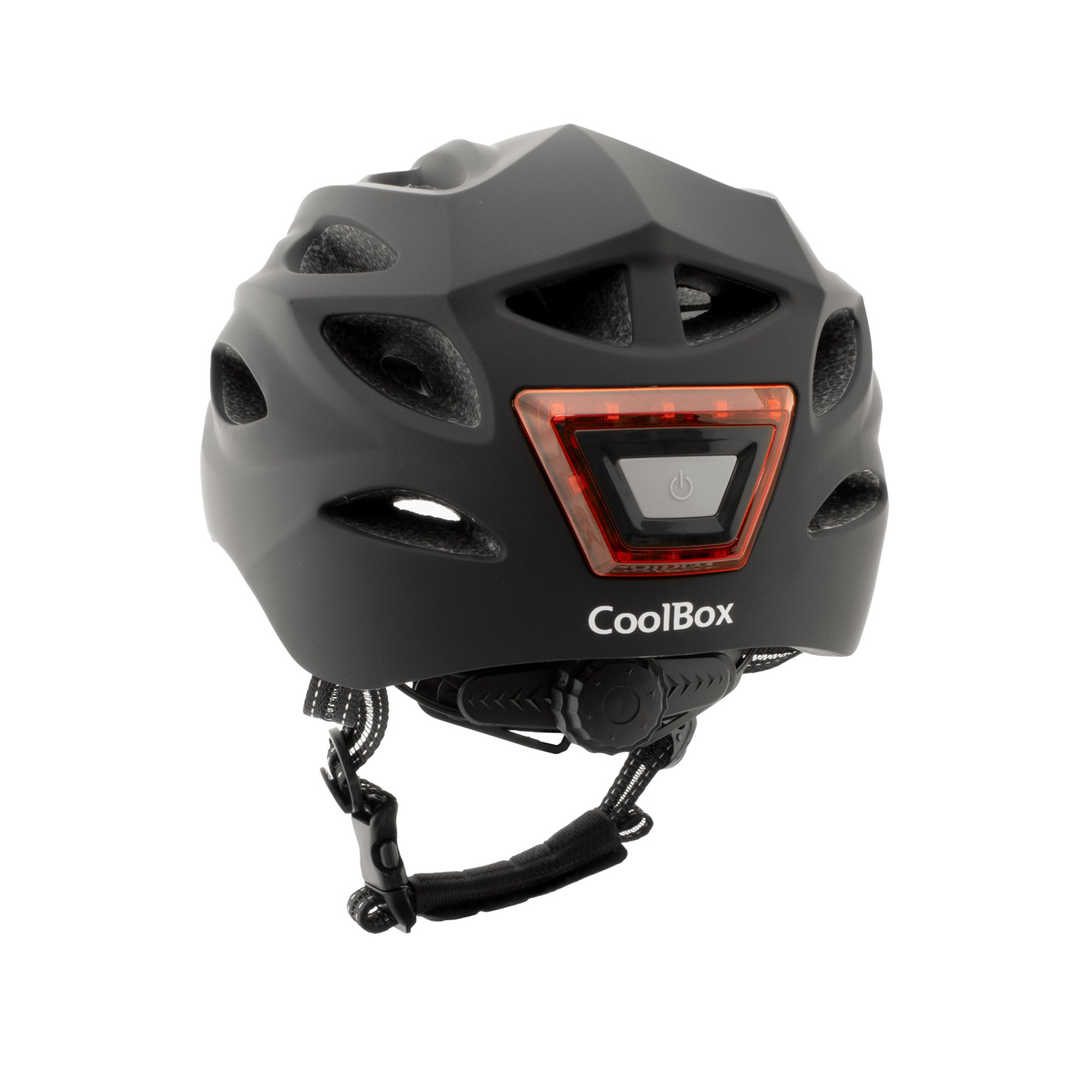 Casco de bicicleta CoolBox negro con luz roja y un botón de encendido. El casco está sobre un fondo blanco.