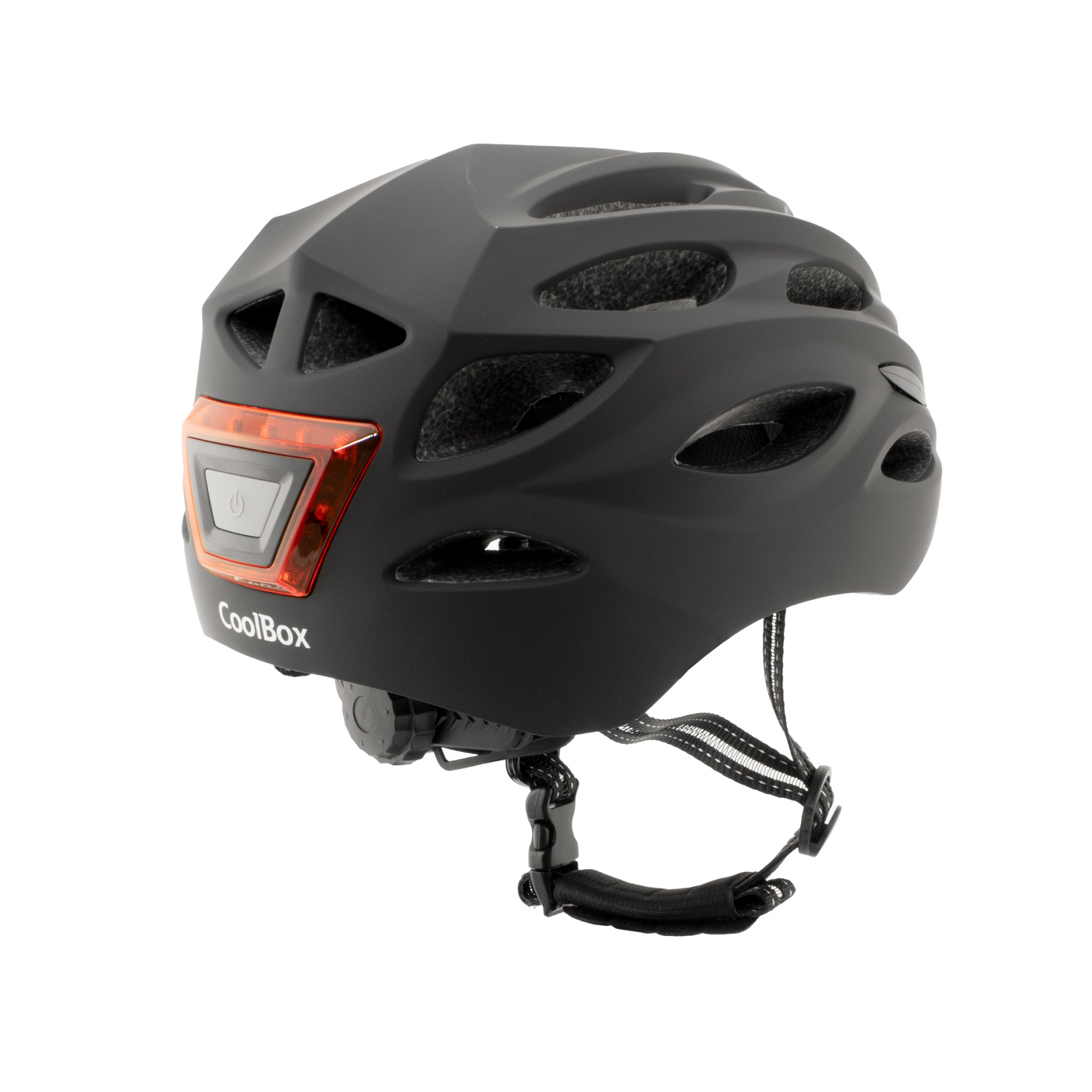 Un casco de bicicleta negro con luz roja, vista lateral. Cuenta con ventilaciones, una correa para la barbilla y la marca 'CoolBox'.