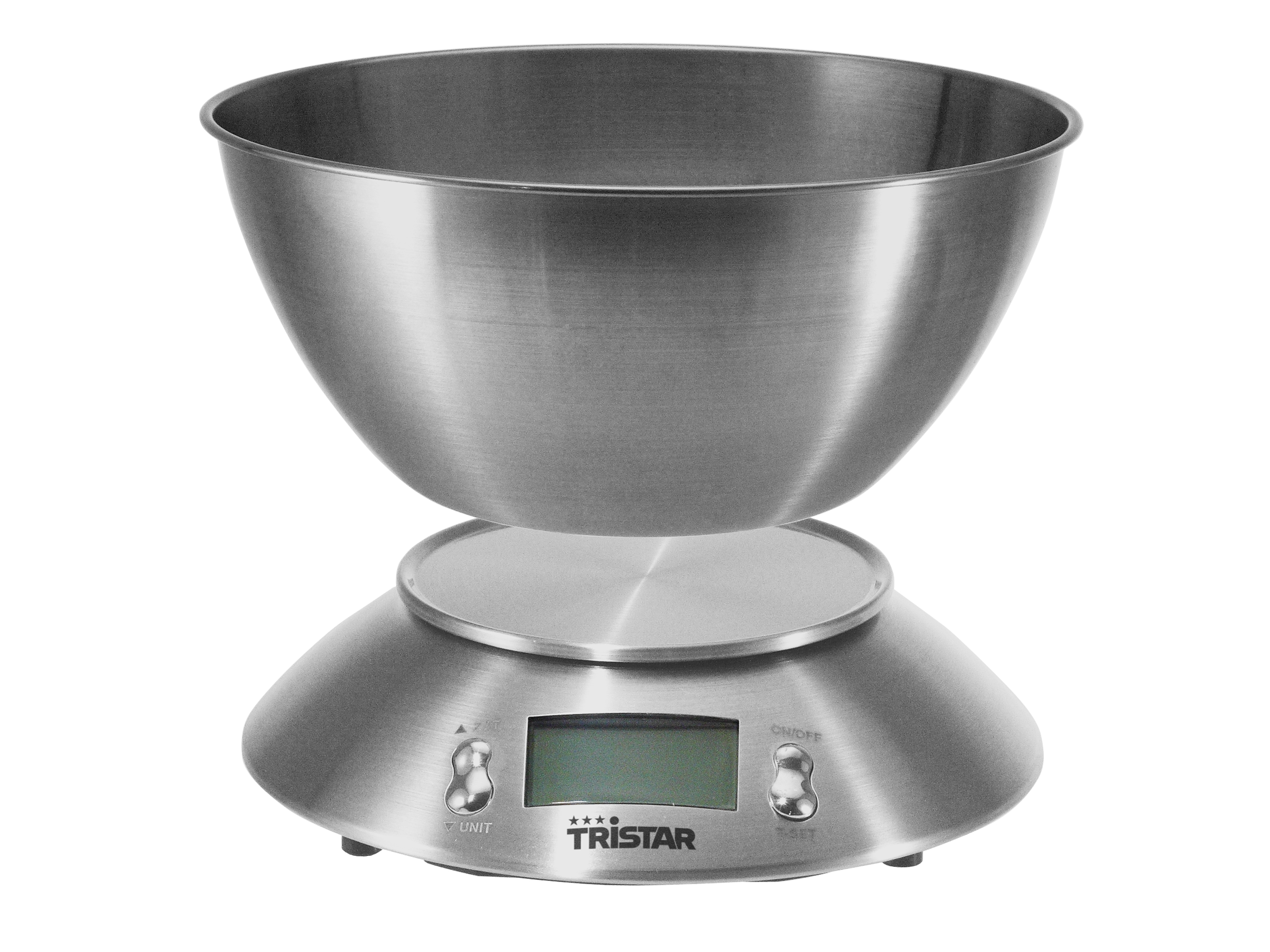 Una bilancia da cucina in acciaio inossidabile con una ciotola sopra. Mostra 'Tristar' e pulsanti.