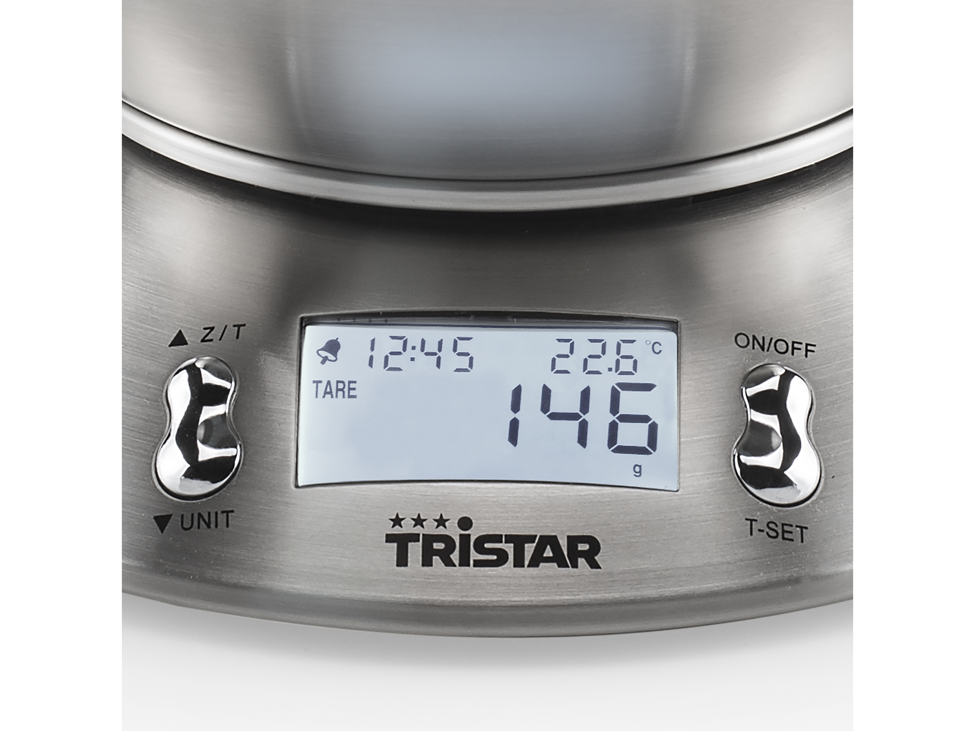 Una bilancia da cucina digitale mostra 12:45, 22,6°C e 146g. Ha pulsanti e il logo Tristar.