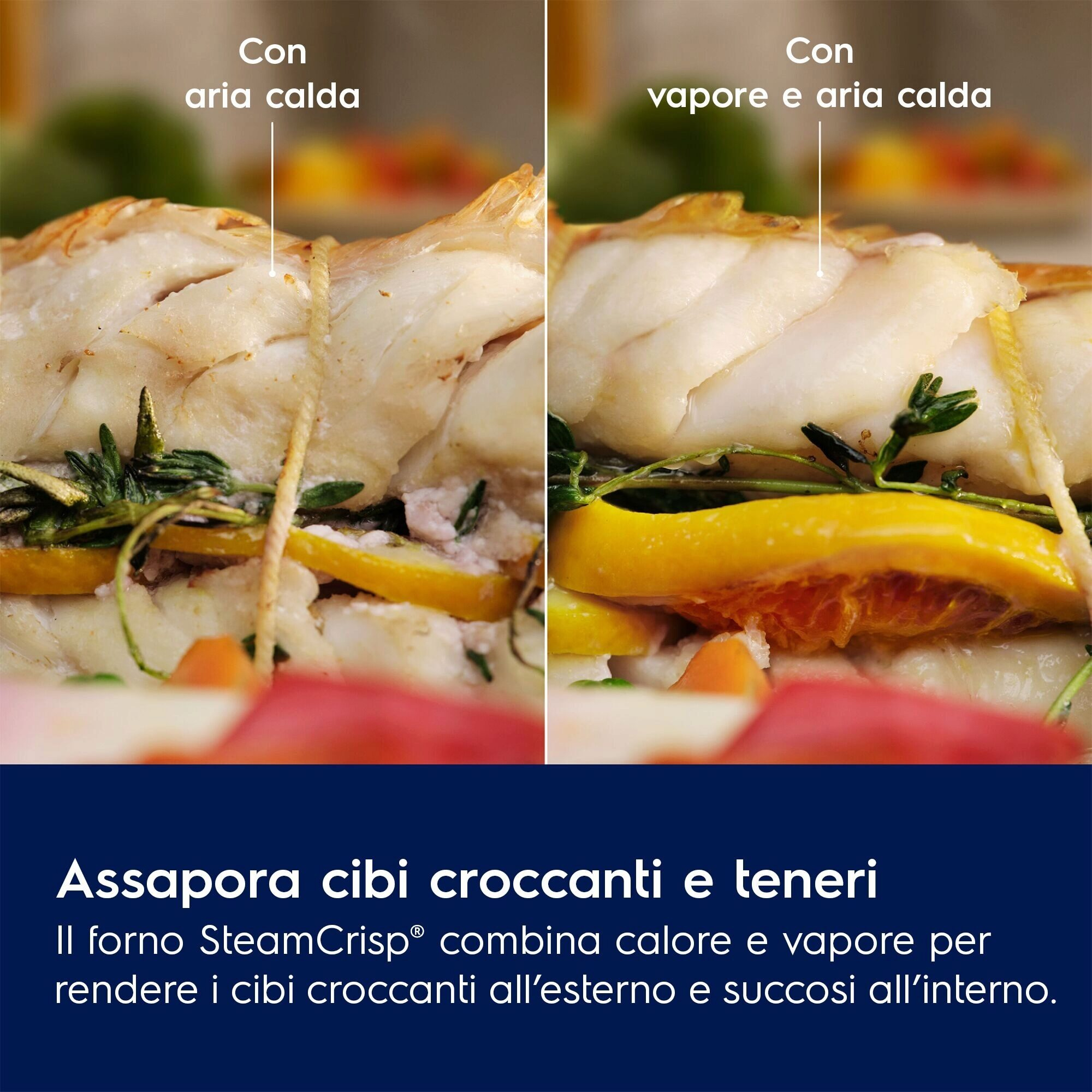 Primo piano di pesce cotto con fette di limone ed erbe aromatiche. Testo: Goditi cibi croccanti e teneri.