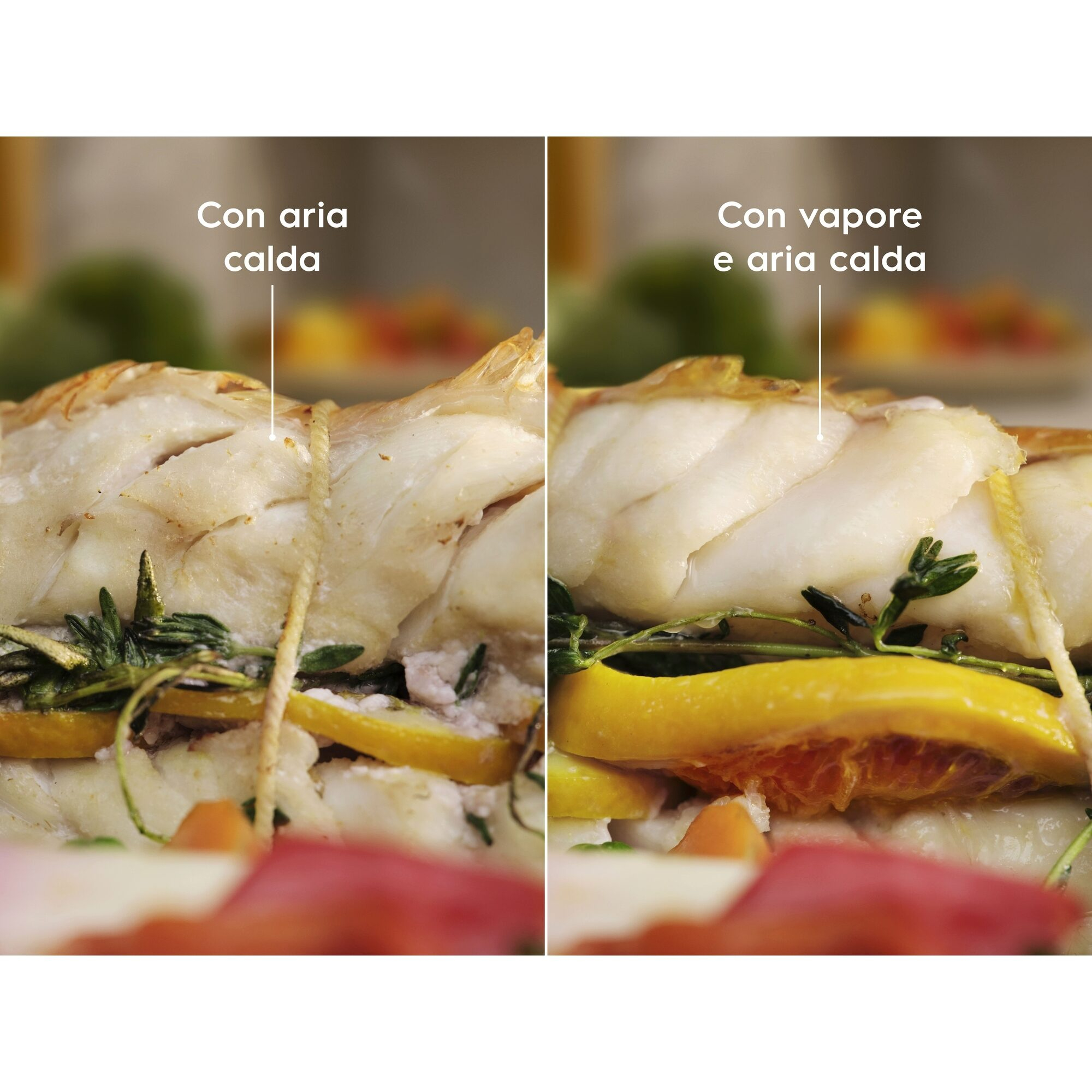 Pesce cotto con erbe e fette di limone, legato con spago. Due immagini affiancate, con etichette 'Con aria calda' e 'Con vapore e aria calda'.