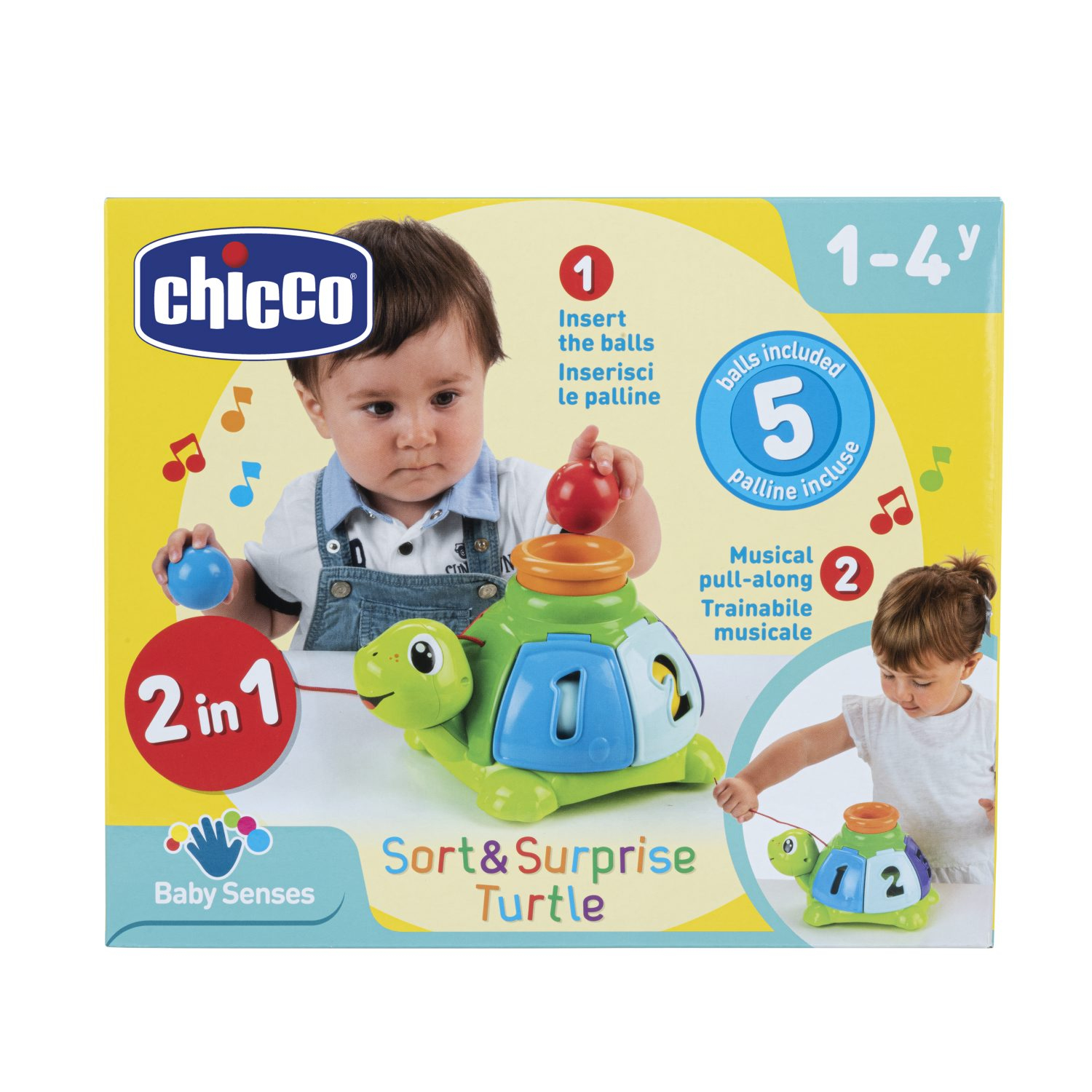 Un bambino gioca con un giocattolo a forma di tartaruga Chicco. La scatola mostra il giocattolo, le palline e un bambino che inserisce una pallina.