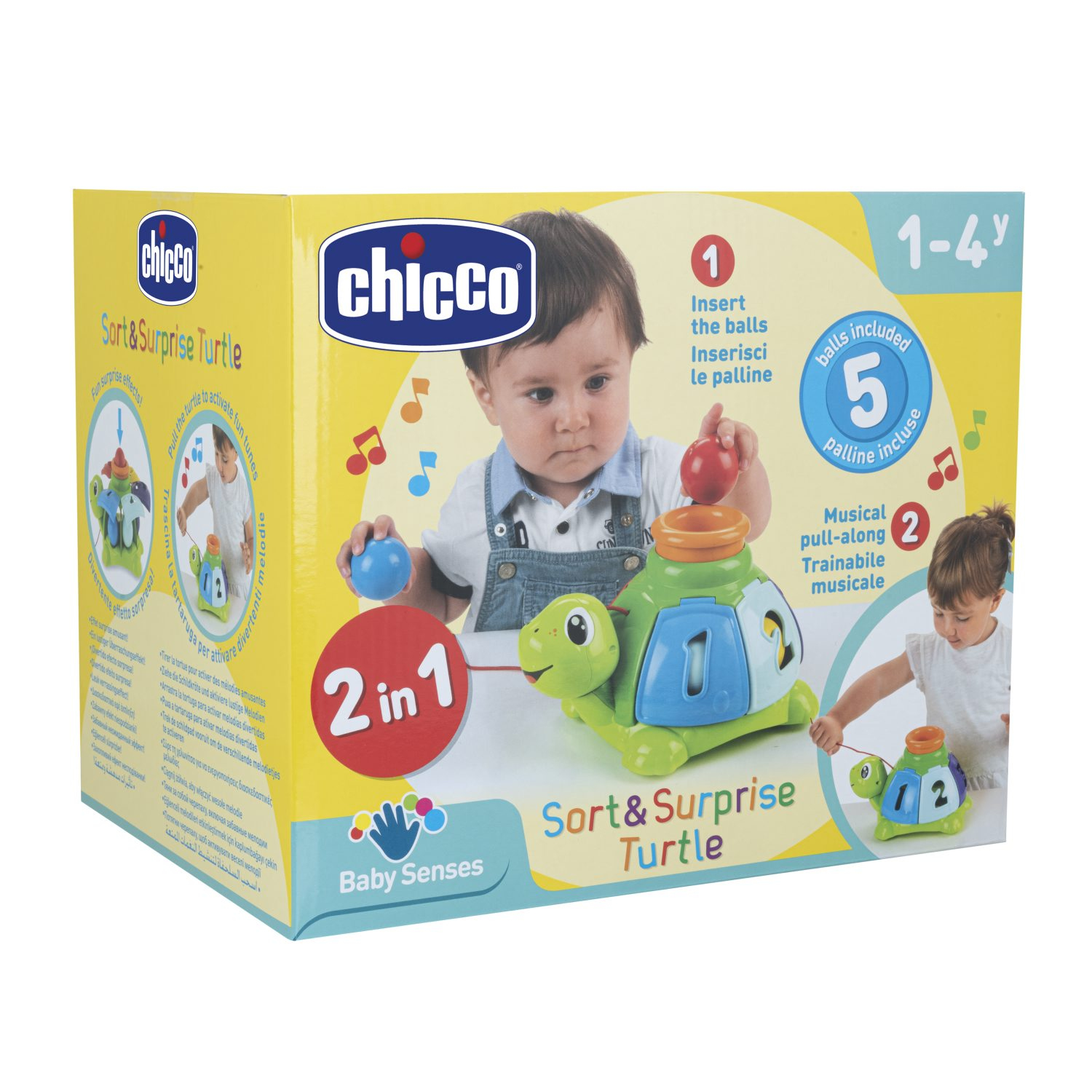 La scatola mostra un bambino con una tartaruga giocattolo. Ha palline, numeri e il logo del marchio.