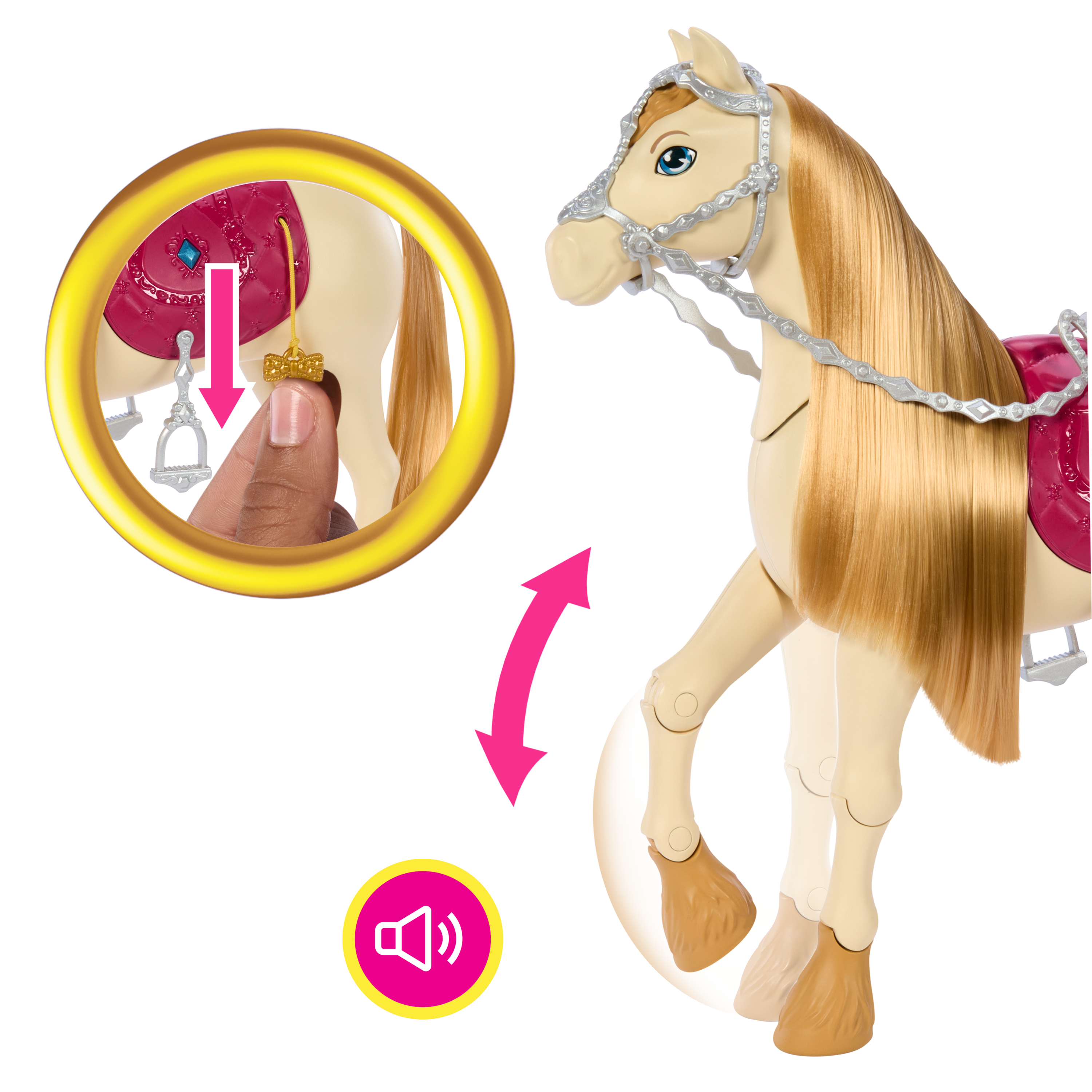 Ein Spielzeugpferd mit blondem Haar und einem roten Sattel. Es hat einen Kreis, der eine Hand mit einem Anhänger zeigt.