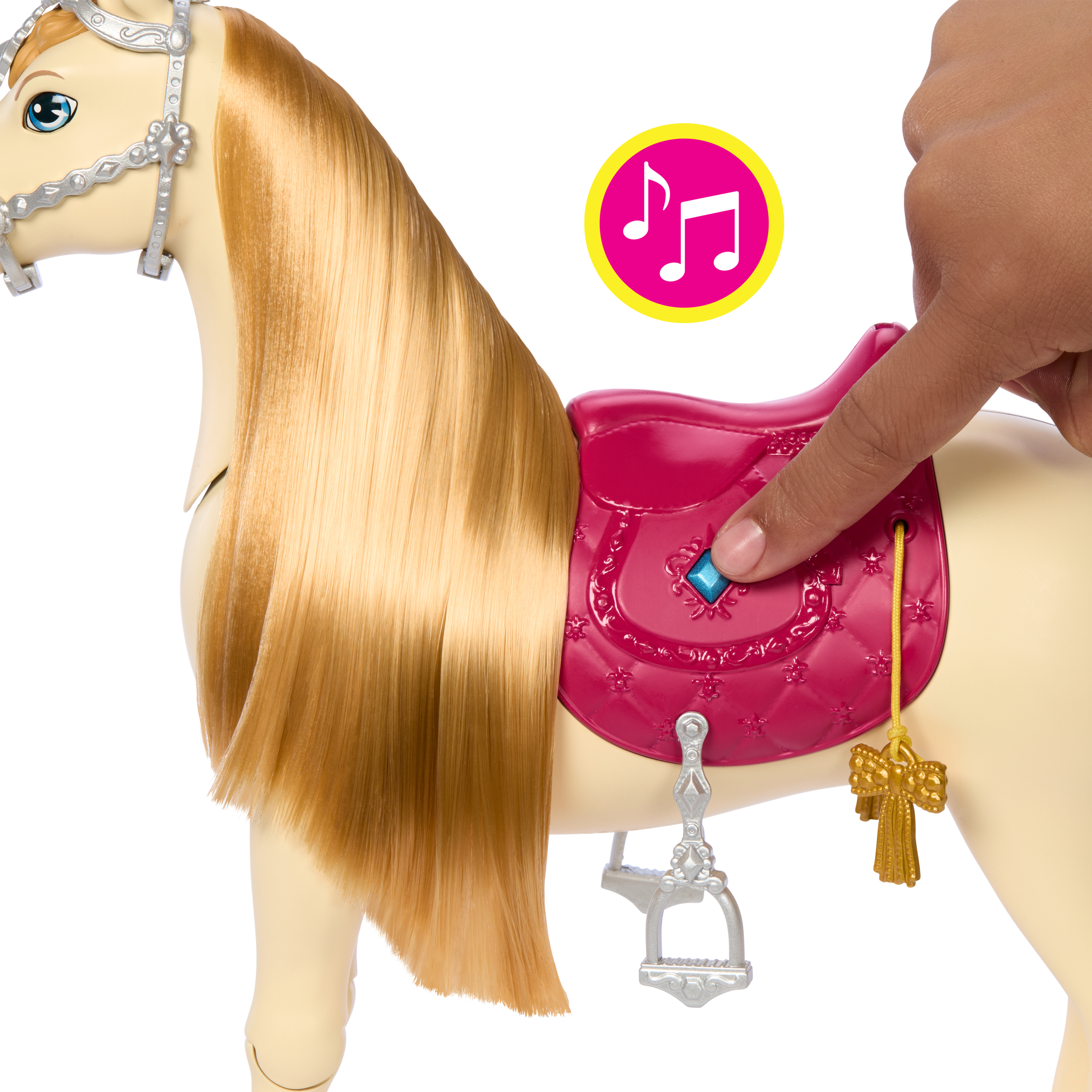 Ein Spielzeugpferd mit blondem Haar, einem rosa Sattel und einer Hand, die einen Knopf drückt. Ein Musiknoten-Symbol ist im Hintergrund.