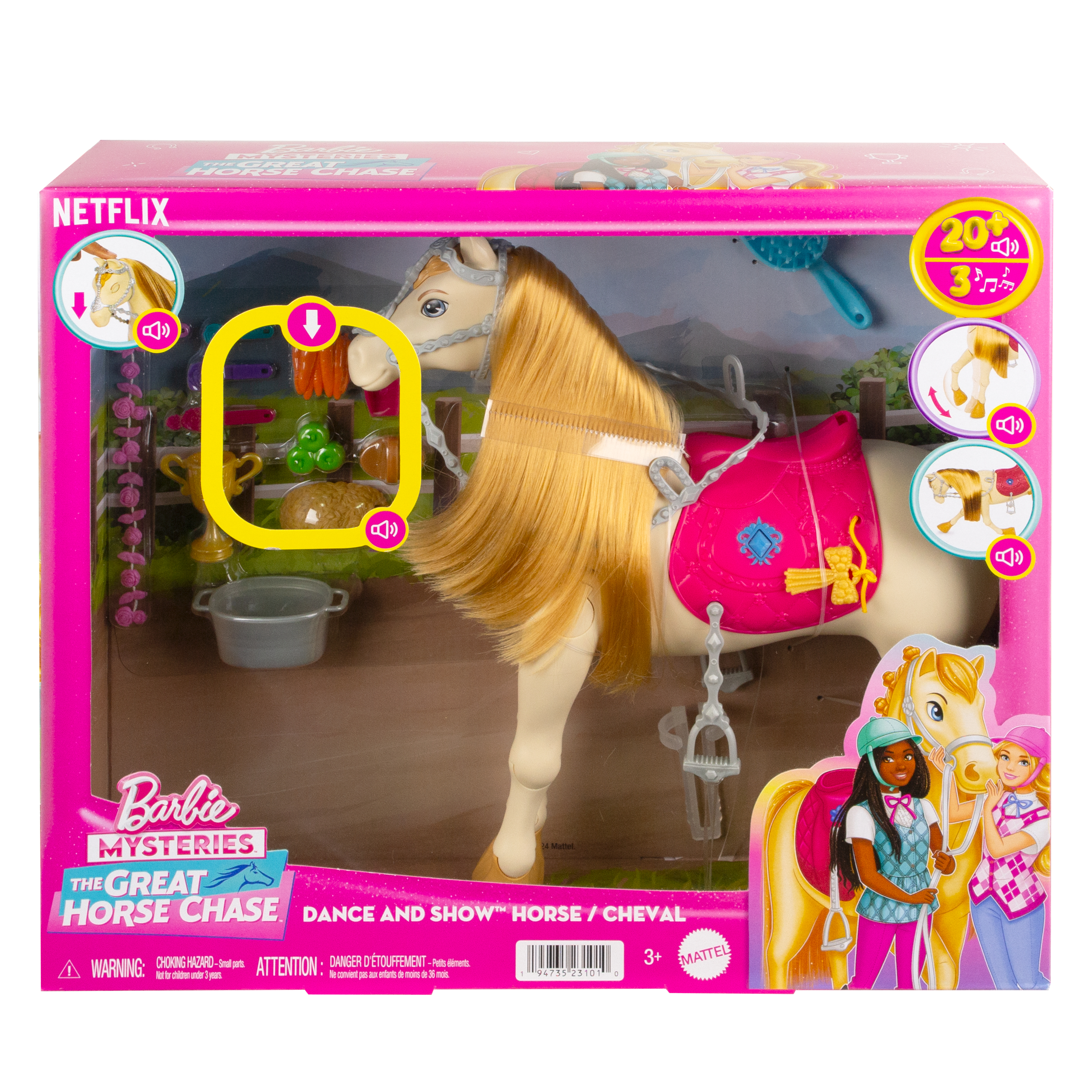 Barbie-Pferd Spielzeug in einer Box. Es hat blonde Mähne und einen rosa Sattel. Die Box hat Netflix- und Barbie-Logos.