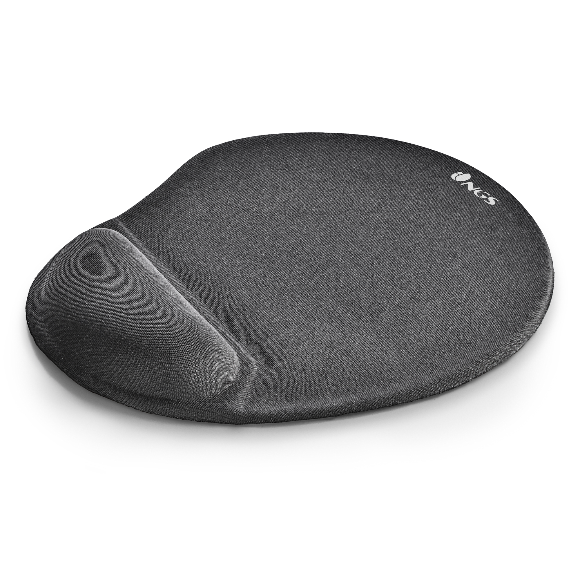 Szara, ergonomiczna podkładka pod mysz z podpórką pod nadgarstek. Widoczne logo NGS. Tło jest białe.