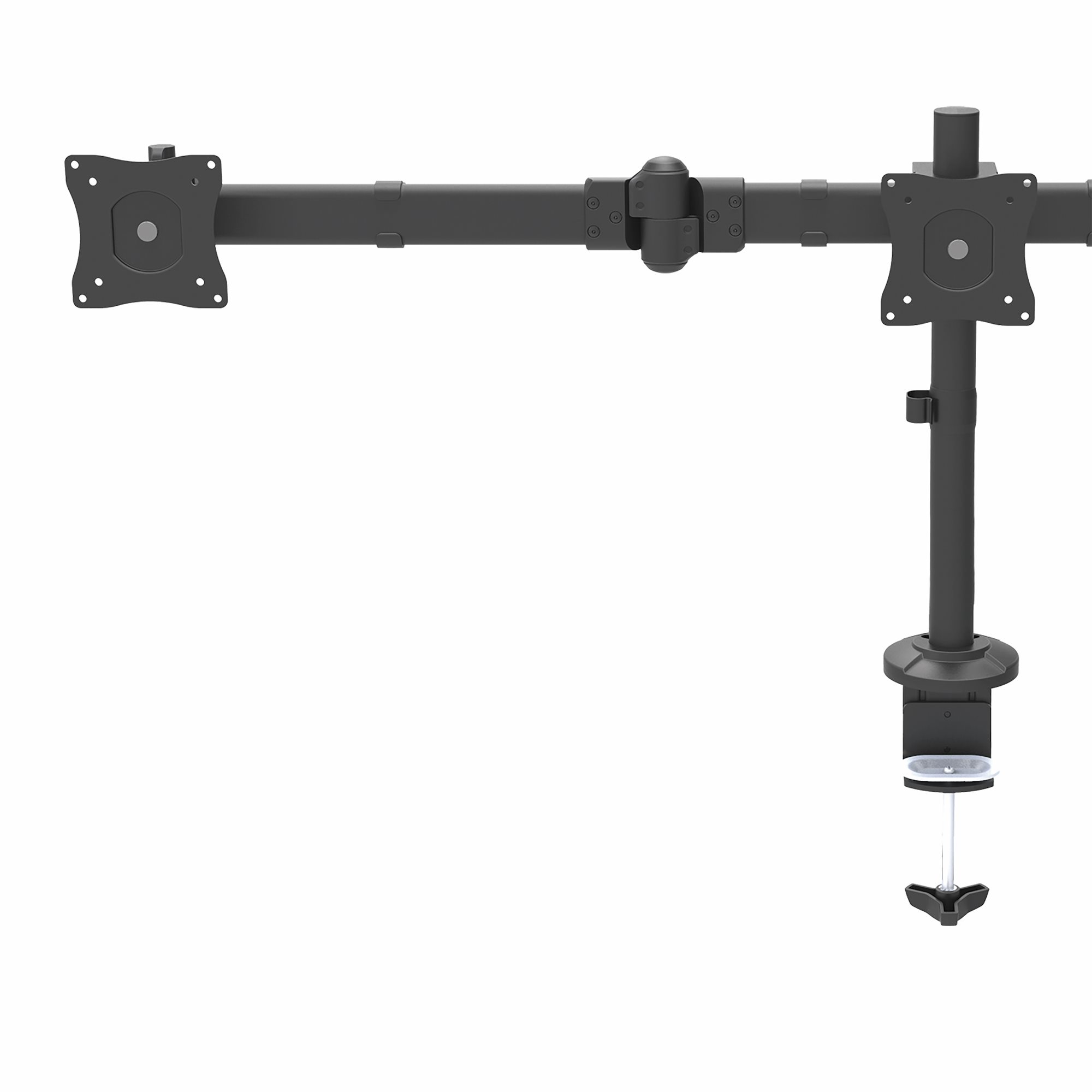 Un soporte para monitor doble gris oscuro sobre fondo blanco. Tiene brazos ajustables y una base de abrazadera.