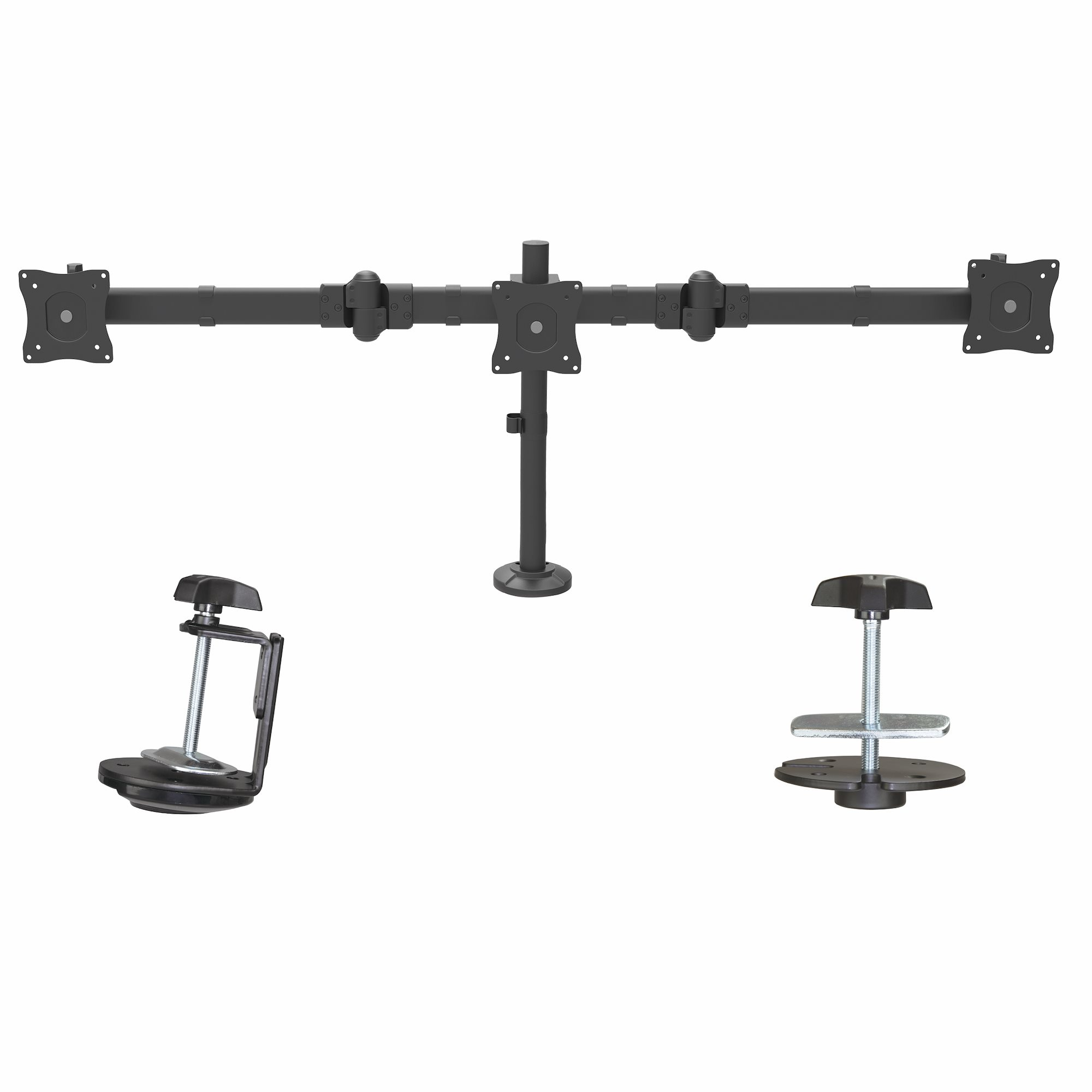 Un soporte negro para monitor con tres partes, dos abrazaderas separadas y un soporte central sobre fondo blanco.