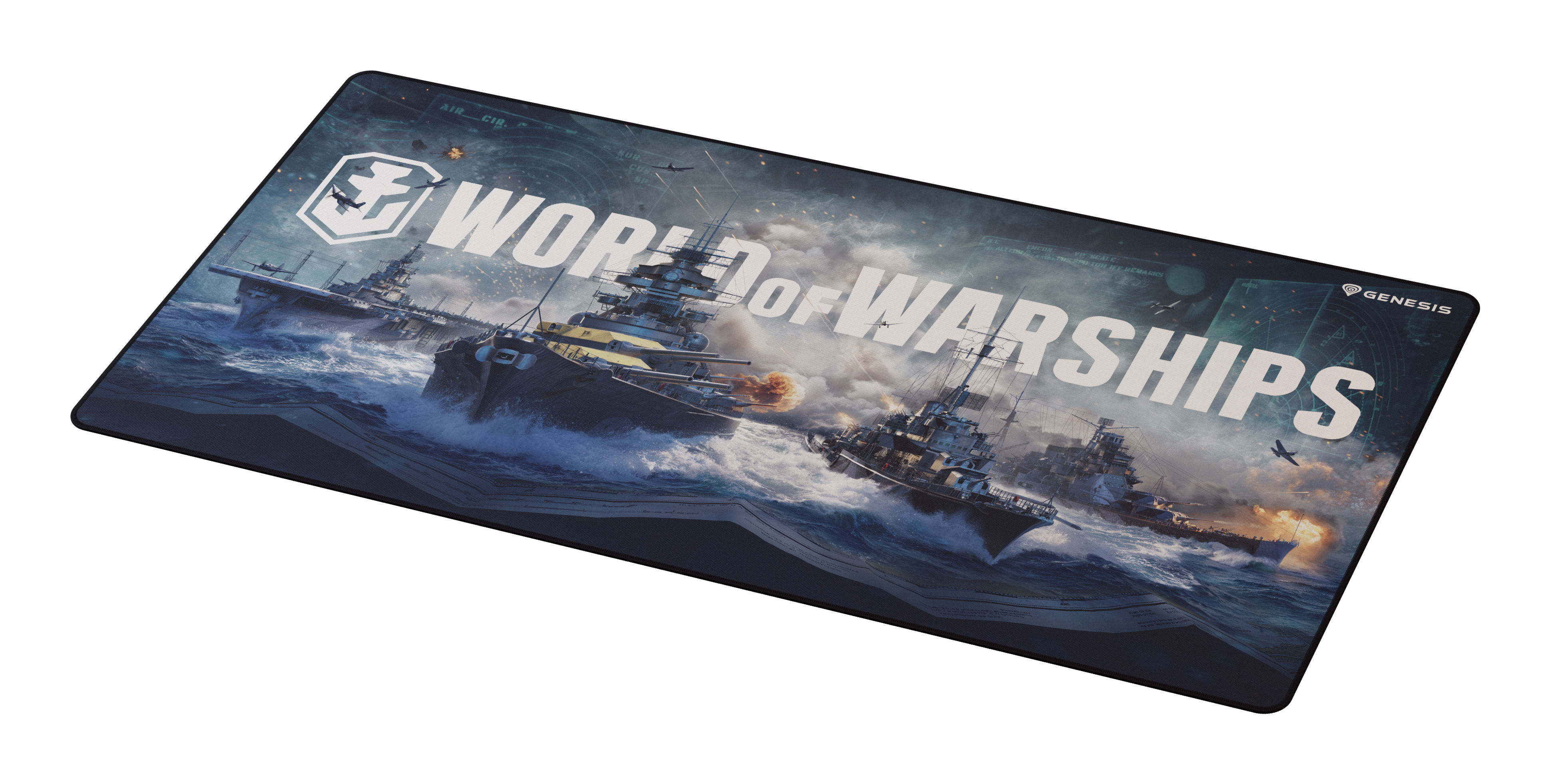 Podkładka pod mysz z grafiką World of Warships. Okręty wojenne w bitwie morskiej, z samolotami na niebie i logo gry.