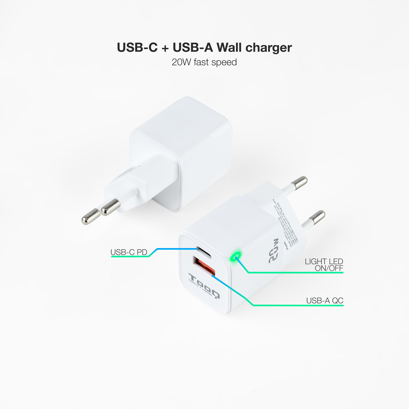 Dos cargadores de pared blancos con puertos USB-C y USB-A. El texto indica carga rápida de 20W.