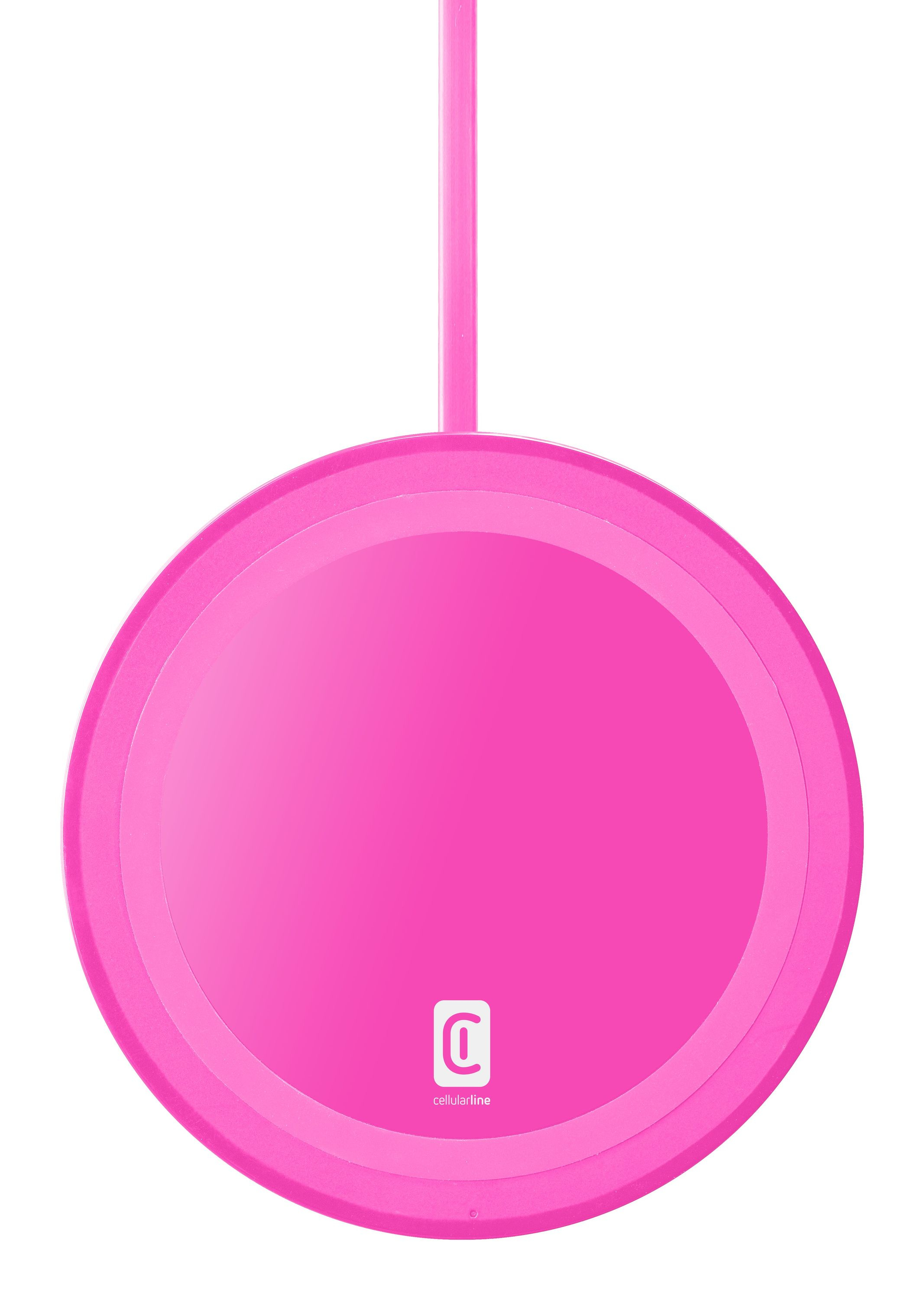 Ein pinkfarbenes kabelloses Ladegerät vor weißem Hintergrund. Es hat eine kreisförmige Form und das Markenlogo.
