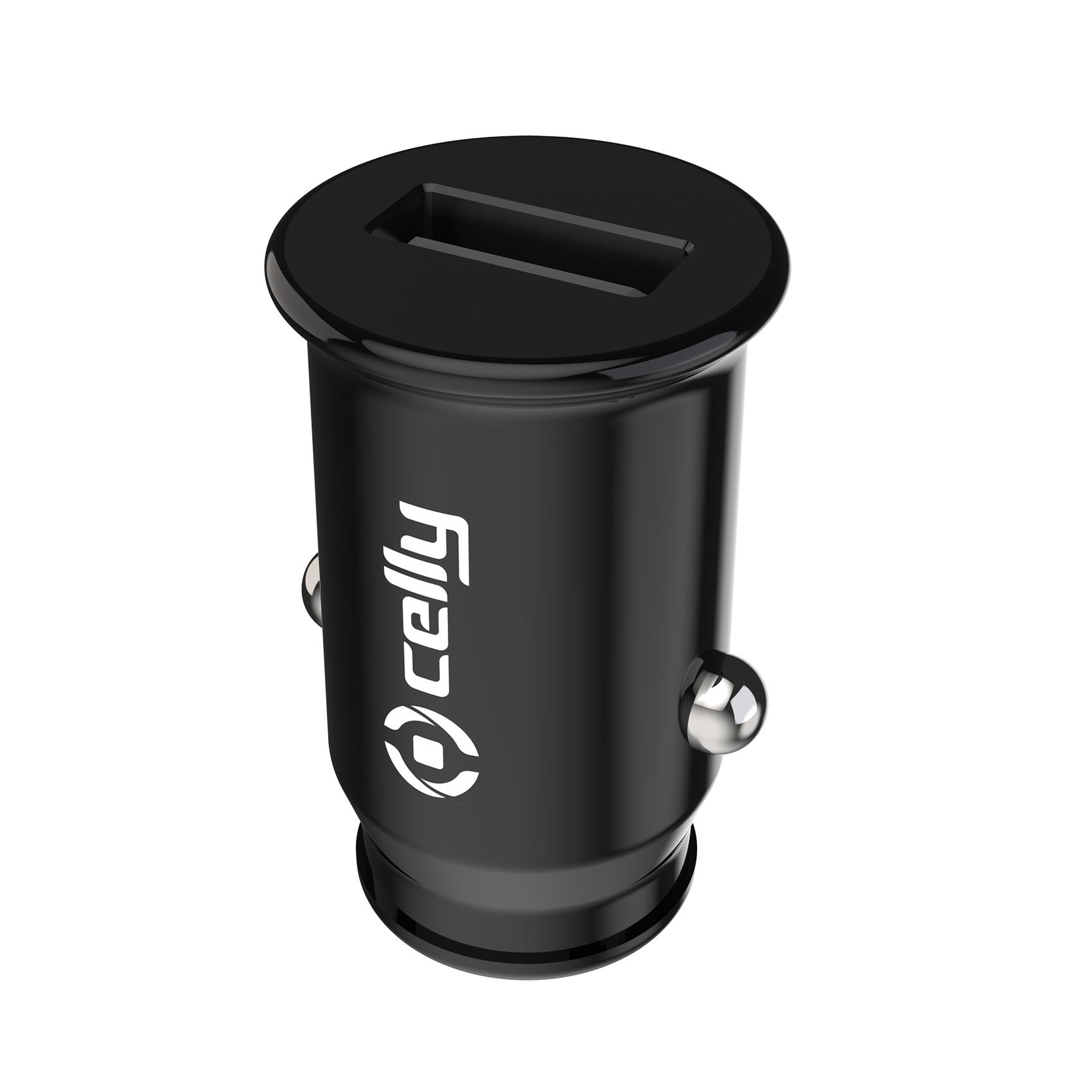 Cargador de coche negro con abertura rectangular en la parte superior. El logotipo de Celly es visible. Dos detalles plateados en los lados.