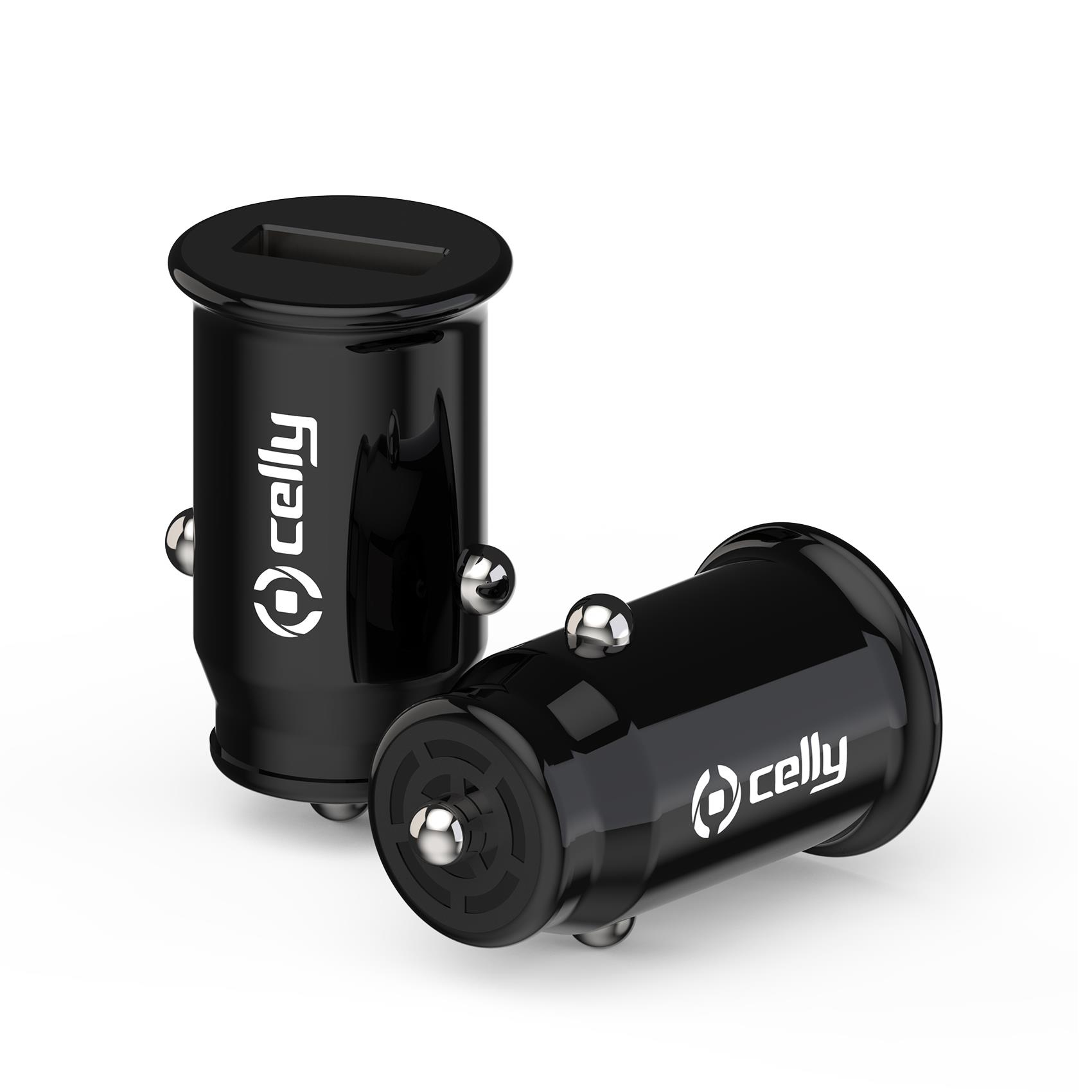 Dos cargadores USB para coche Celly negros. Uno vertical, el otro tumbado, ambos con el logotipo de Celly.