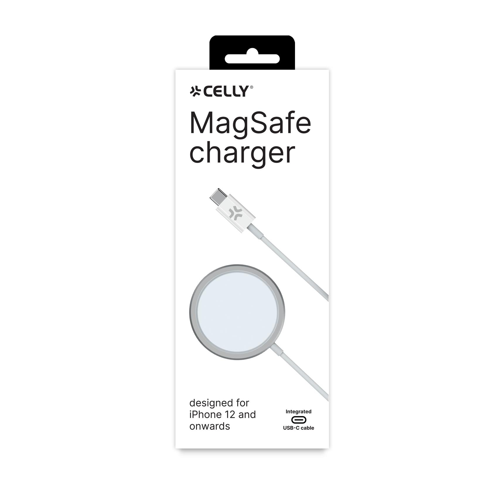 Caja blanca del cargador MagSafe de Celly. Tiene una imagen del cargador y un cable USB-C. Diseñado para iPhone 12 en adelante.