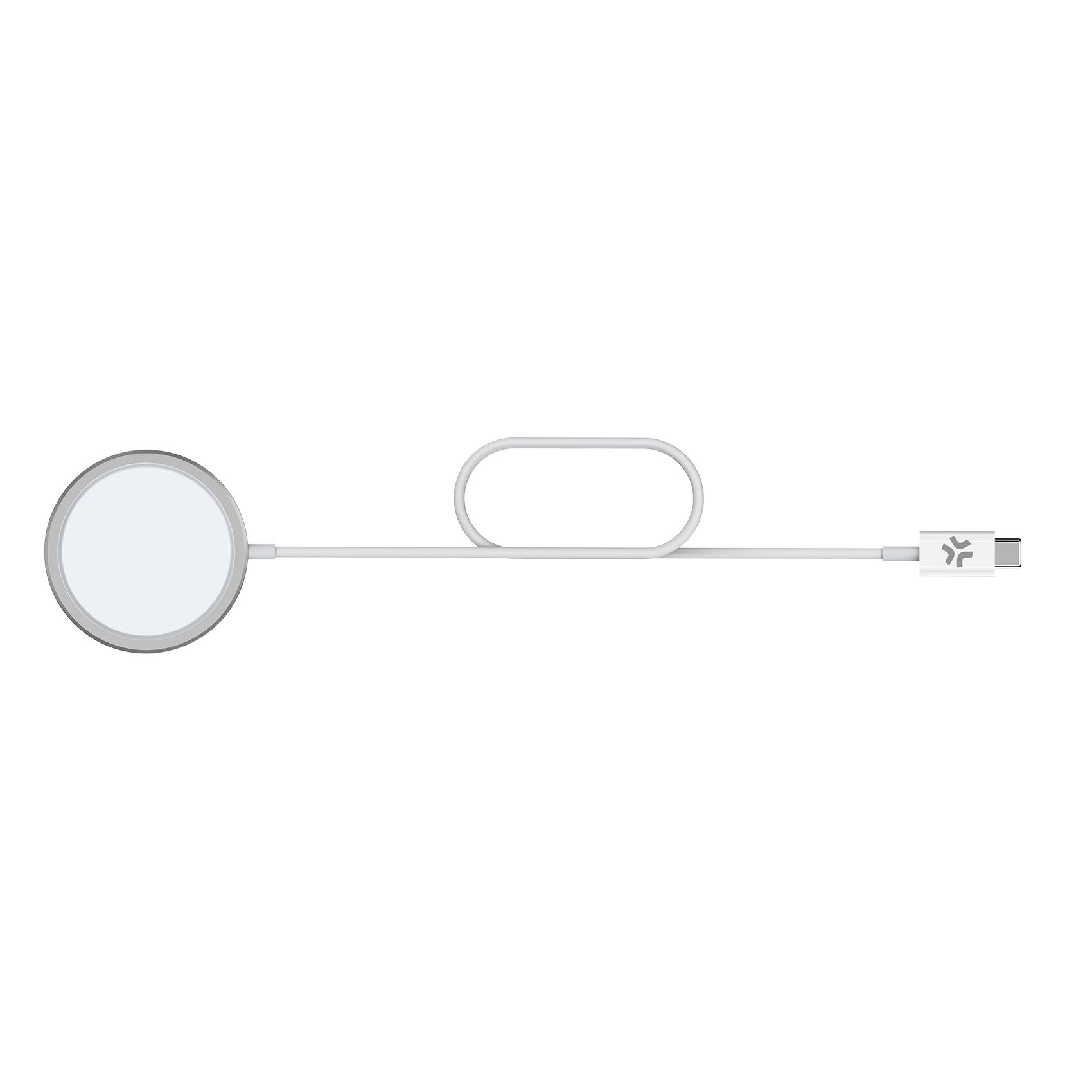 Cargador inalámbrico blanco con una base de carga circular, cable ovalado y conector USB-C sobre fondo blanco.