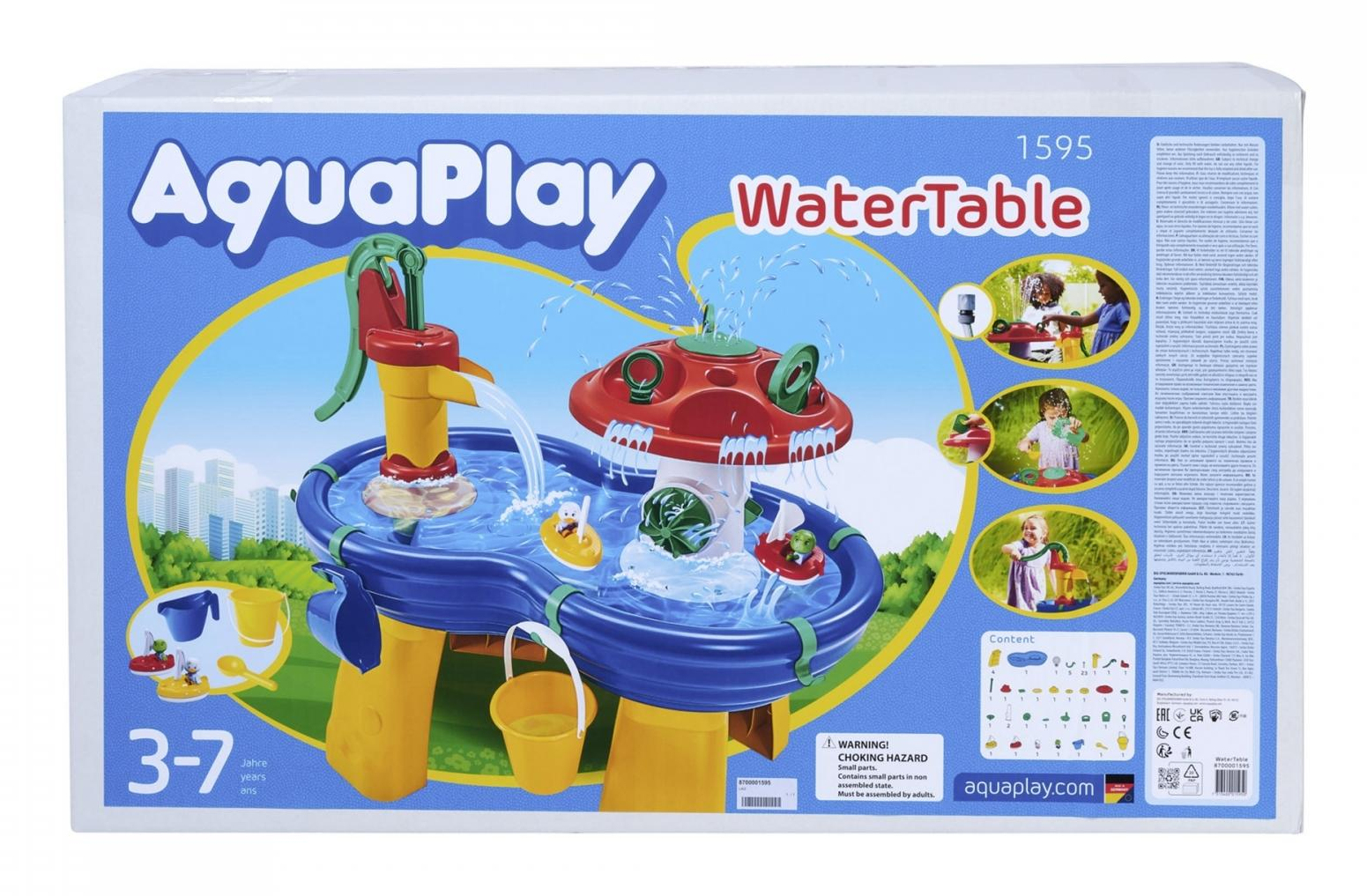 Die Box zeigt ein AquaPlay-Wassertisch-Spielzeug. Es enthält eine Pumpe, einen Pilz, Enten und Zubehör. Blaue, gelbe und rote Farben dominieren.