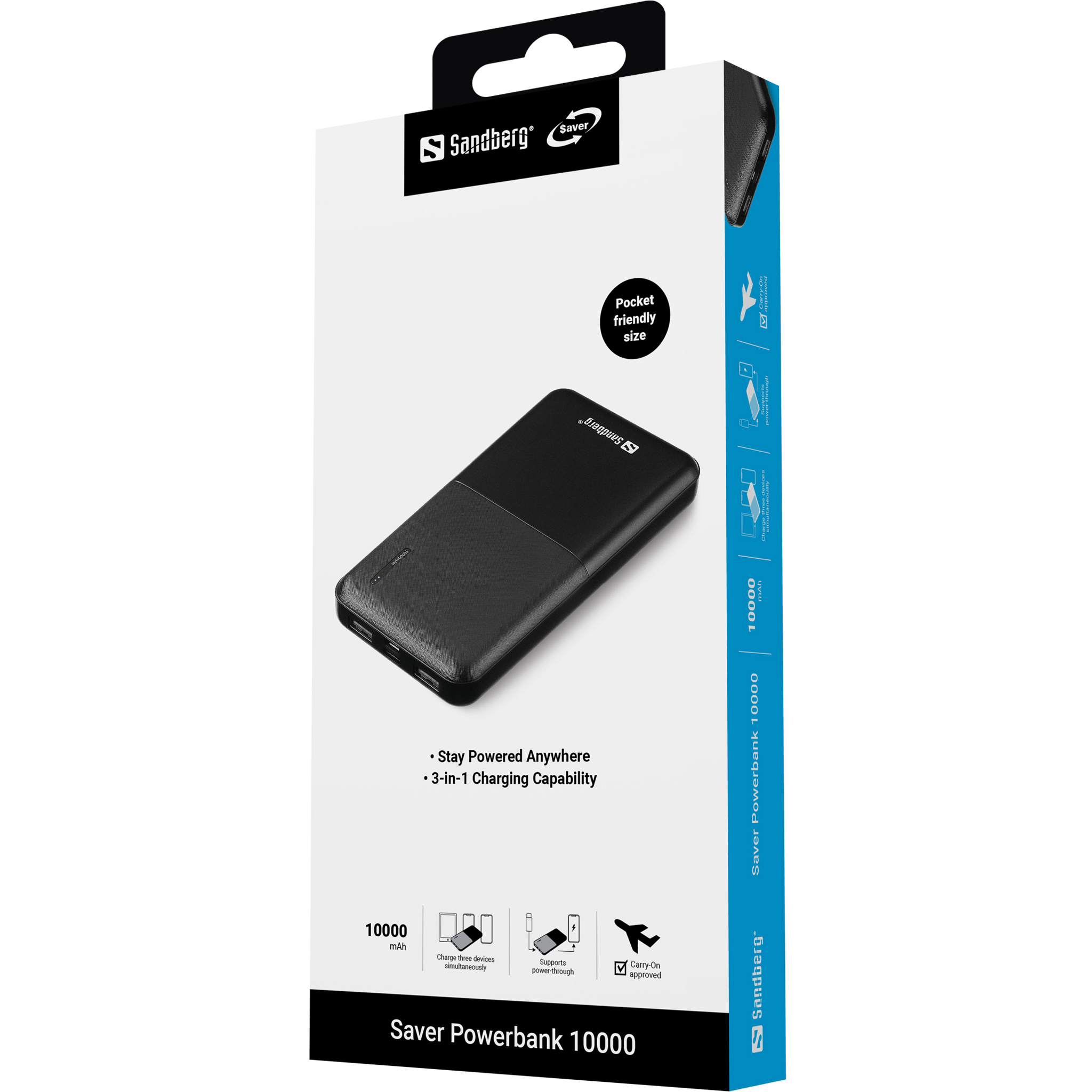 Eine Sandberg Saver Powerbank 10000 Box. Sie ist schwarz mit weißem Text und einer schwarzen Powerbank.