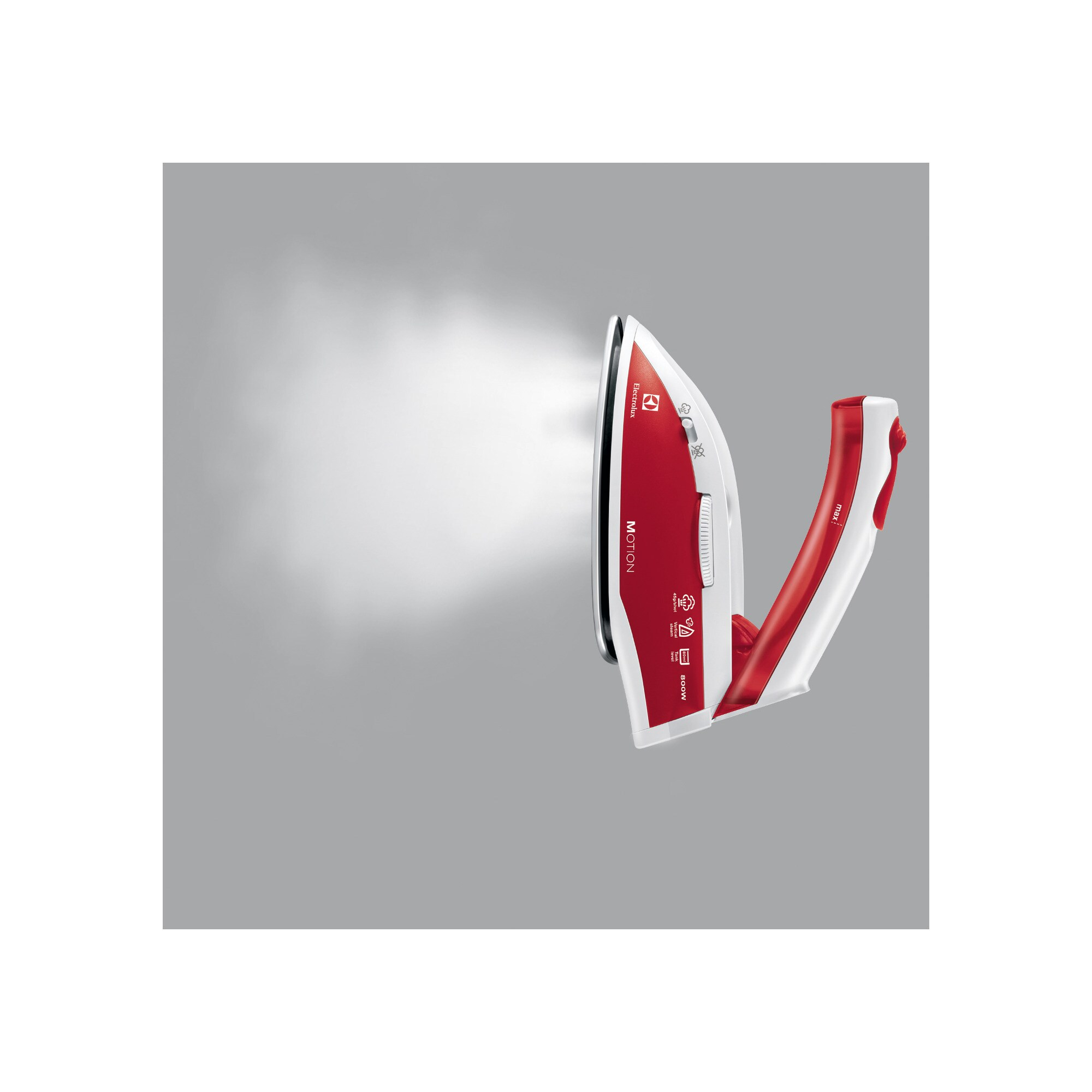 Un ferro da stiro Electrolux Motion rosso e bianco con vapore su sfondo grigio.