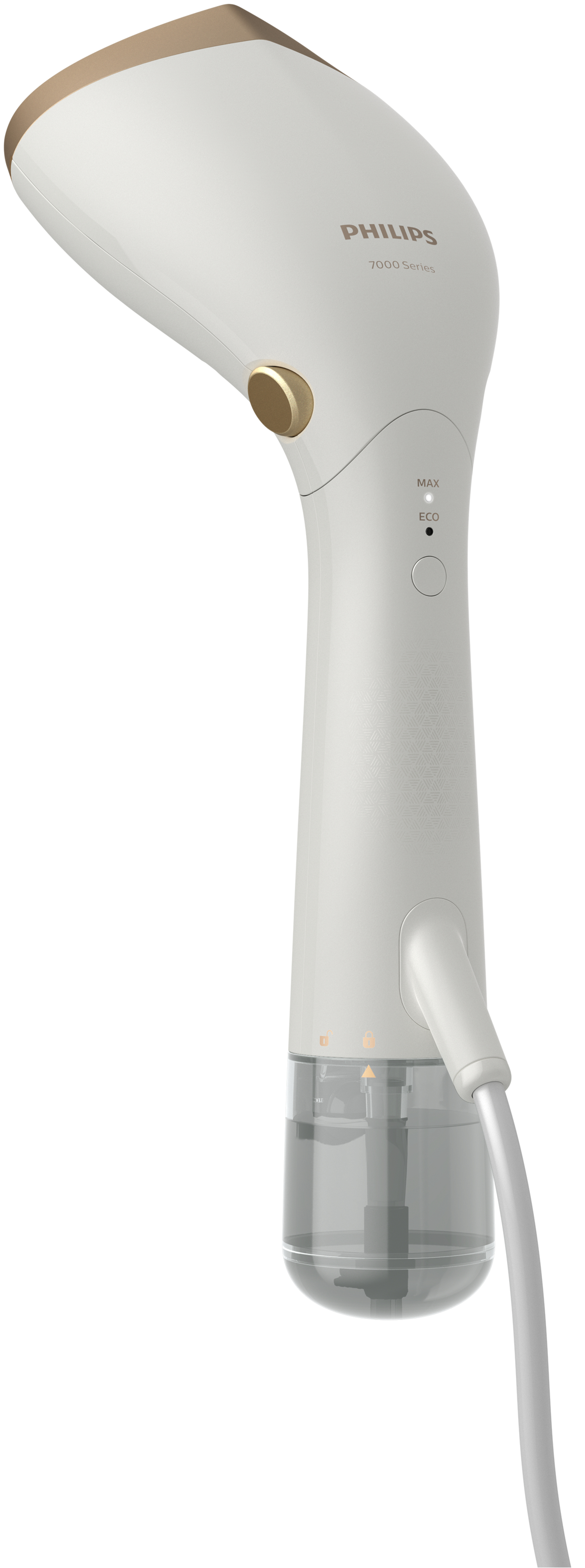 Ein weißer und goldfarbener Philips 7000 Series Steamer. Er hat einen Wassertank, Bedienelemente und ein Kabel.