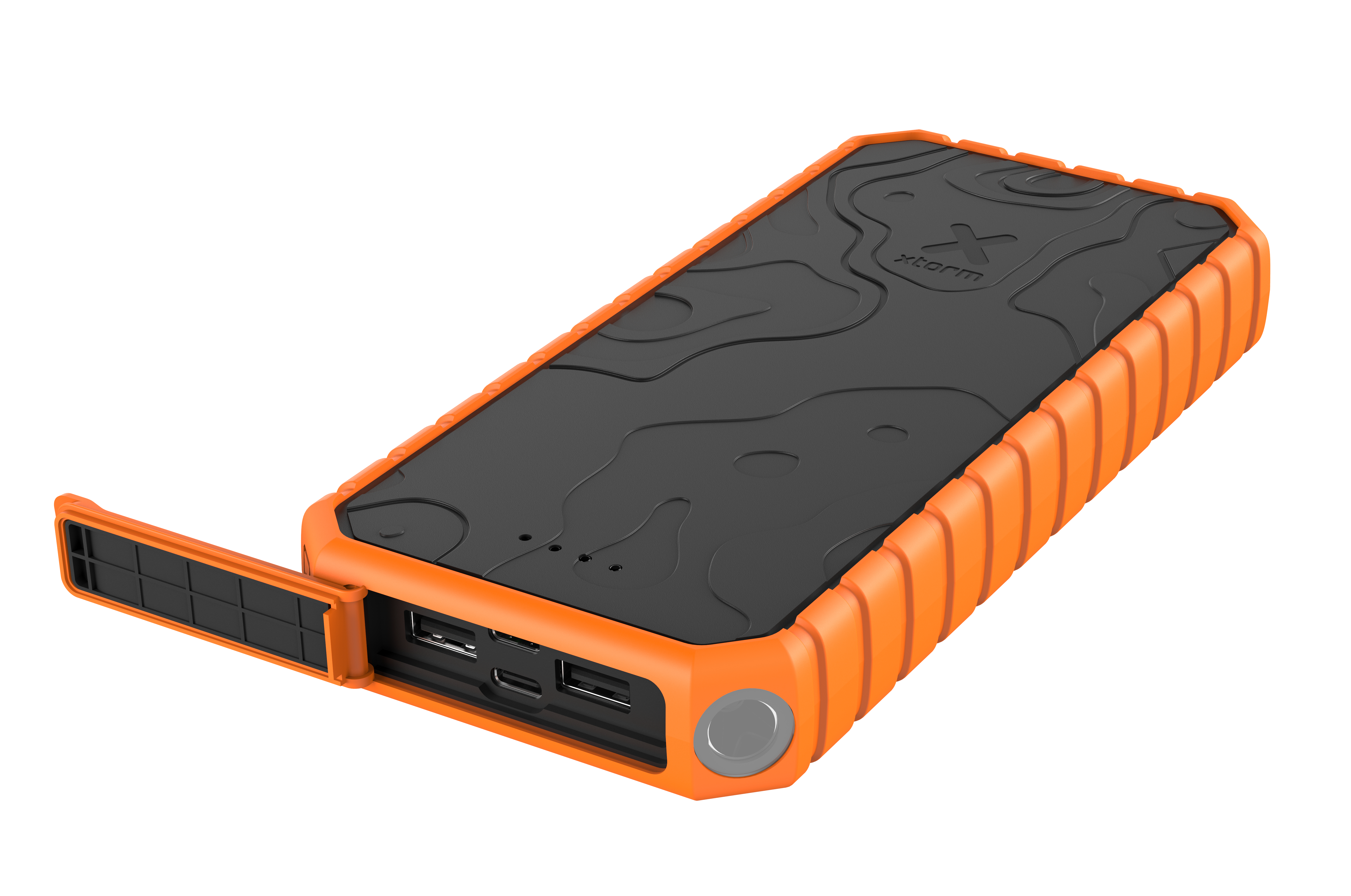 Orangene und schwarze Powerbank mit offener Anschlussabdeckung. Hat eine strukturierte schwarze Oberfläche. Anschlüsse und ein Power-Button sind sichtbar.