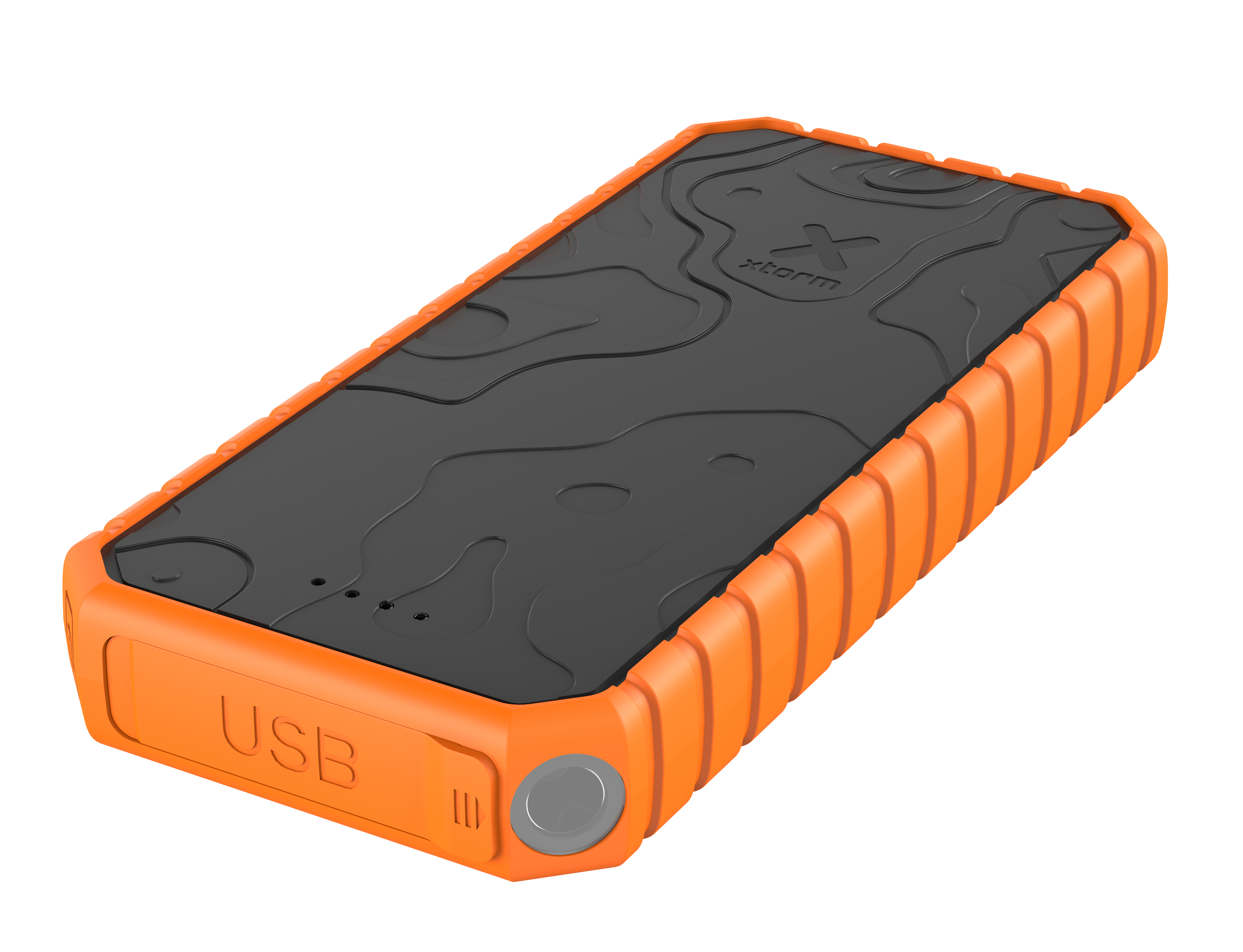 Orange und schwarze rechteckige Powerbank. Sie hat eine strukturierte Oberseite und Seiten mit USB-Anschluss.