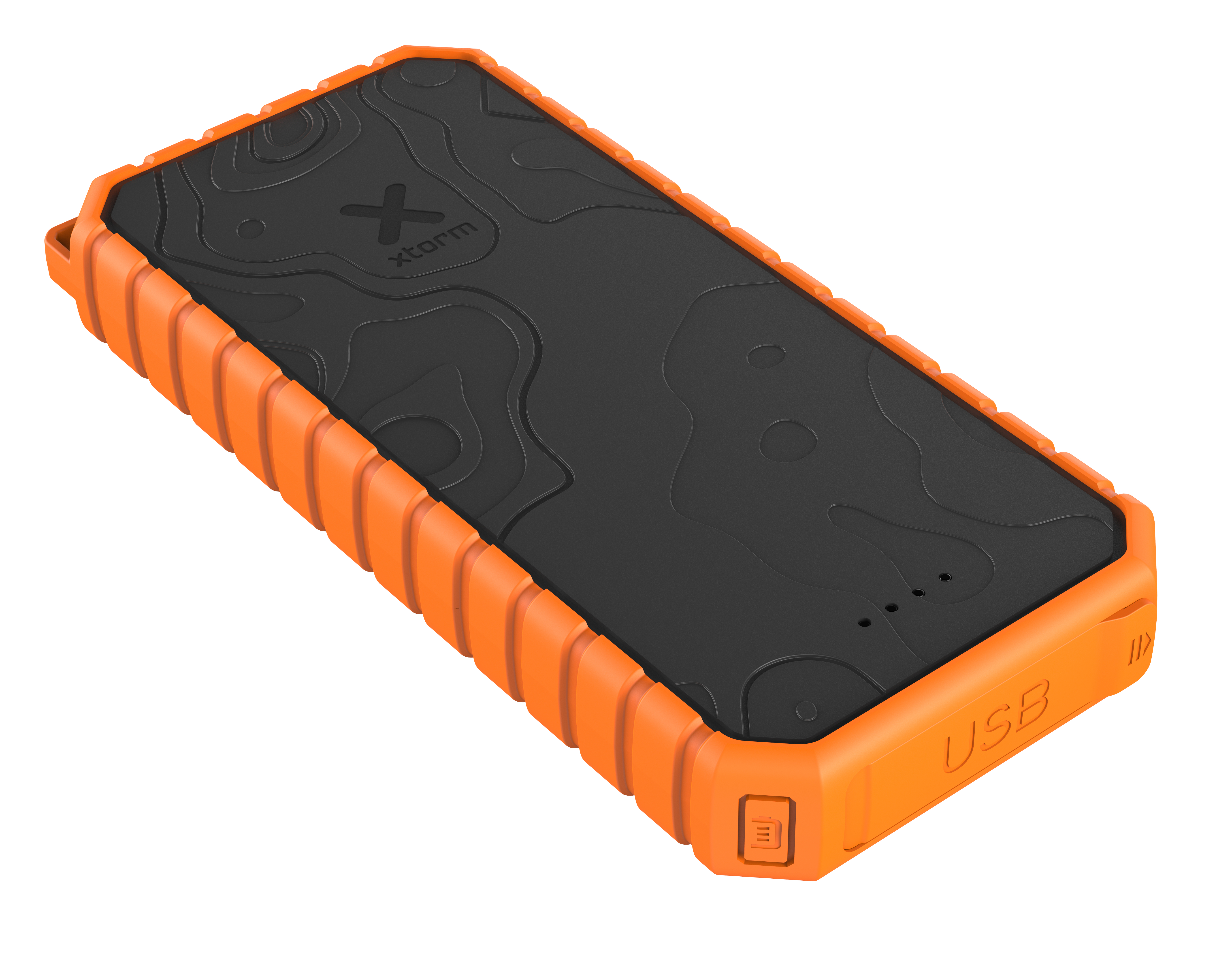 Eine rechteckige Powerbank in Orange und Schwarz. Sie hat eine strukturierte schwarze Oberfläche und gerippte orangefarbene Kanten.