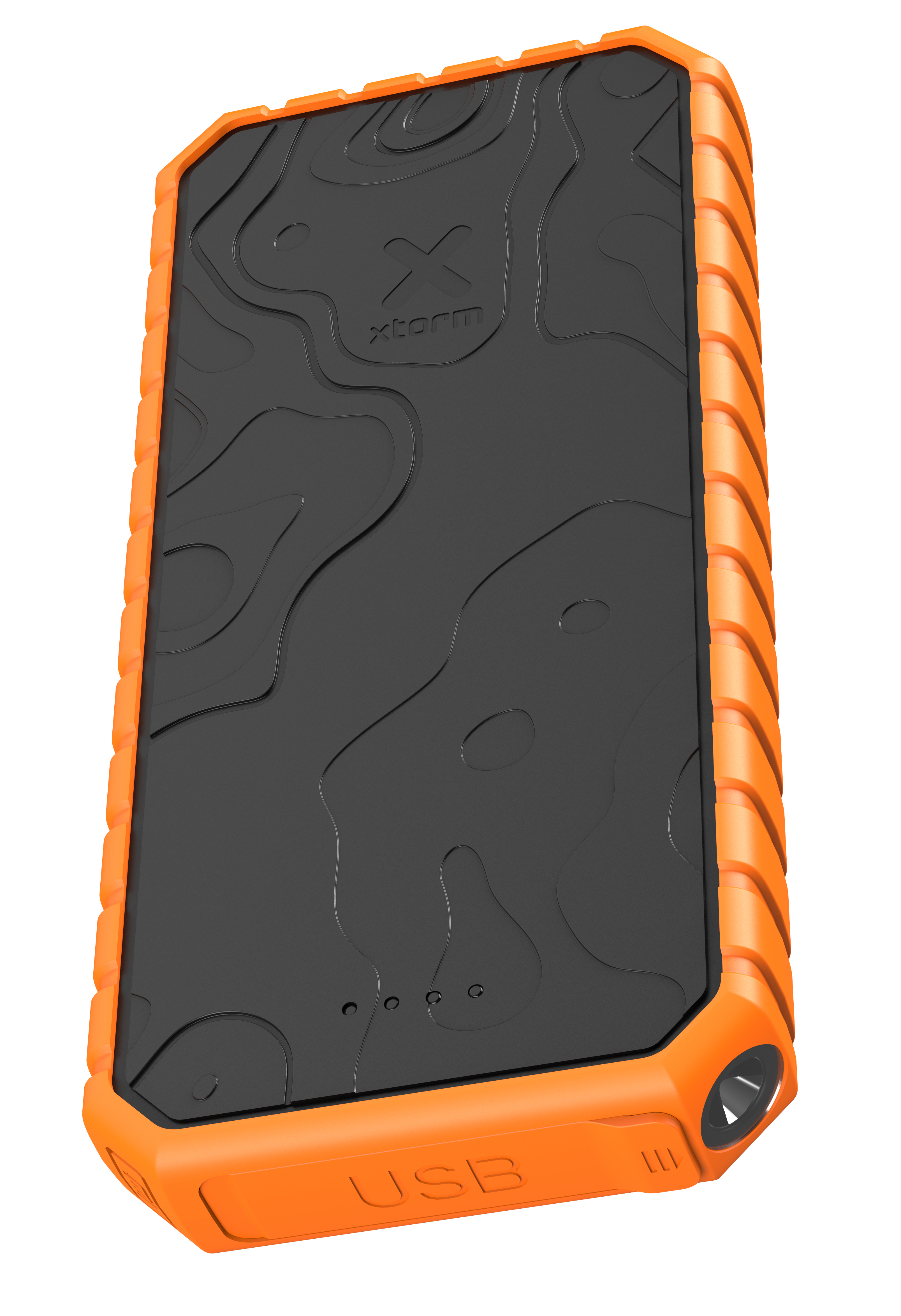 Eine rechteckige orange-schwarze Powerbank mit strukturierter Oberfläche und dem X-Storm-Logo.