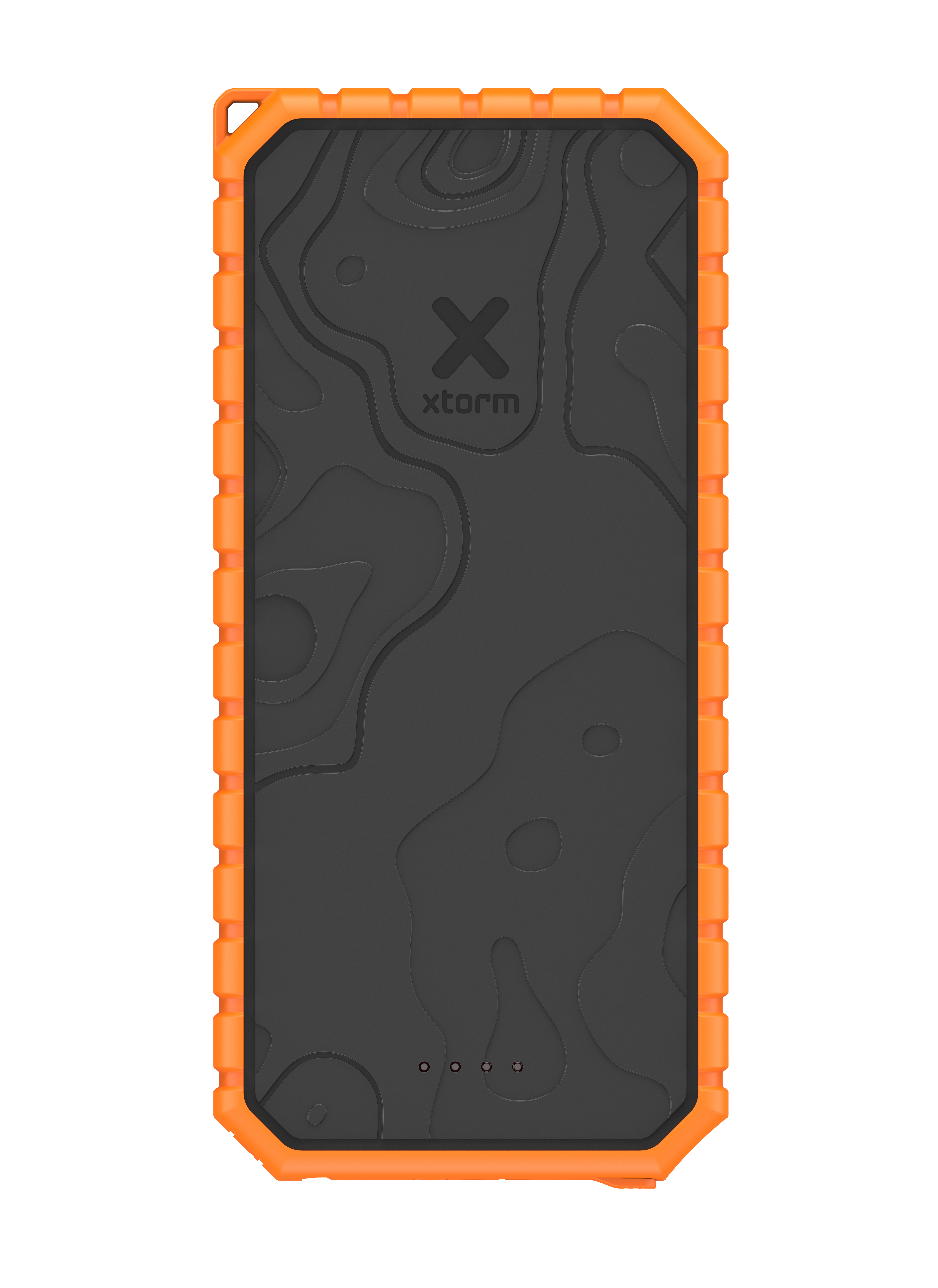 Eine orangefarbene und schwarze Powerbank. Sie hat eine strukturierte Oberfläche mit dem X-Storm-Logo.