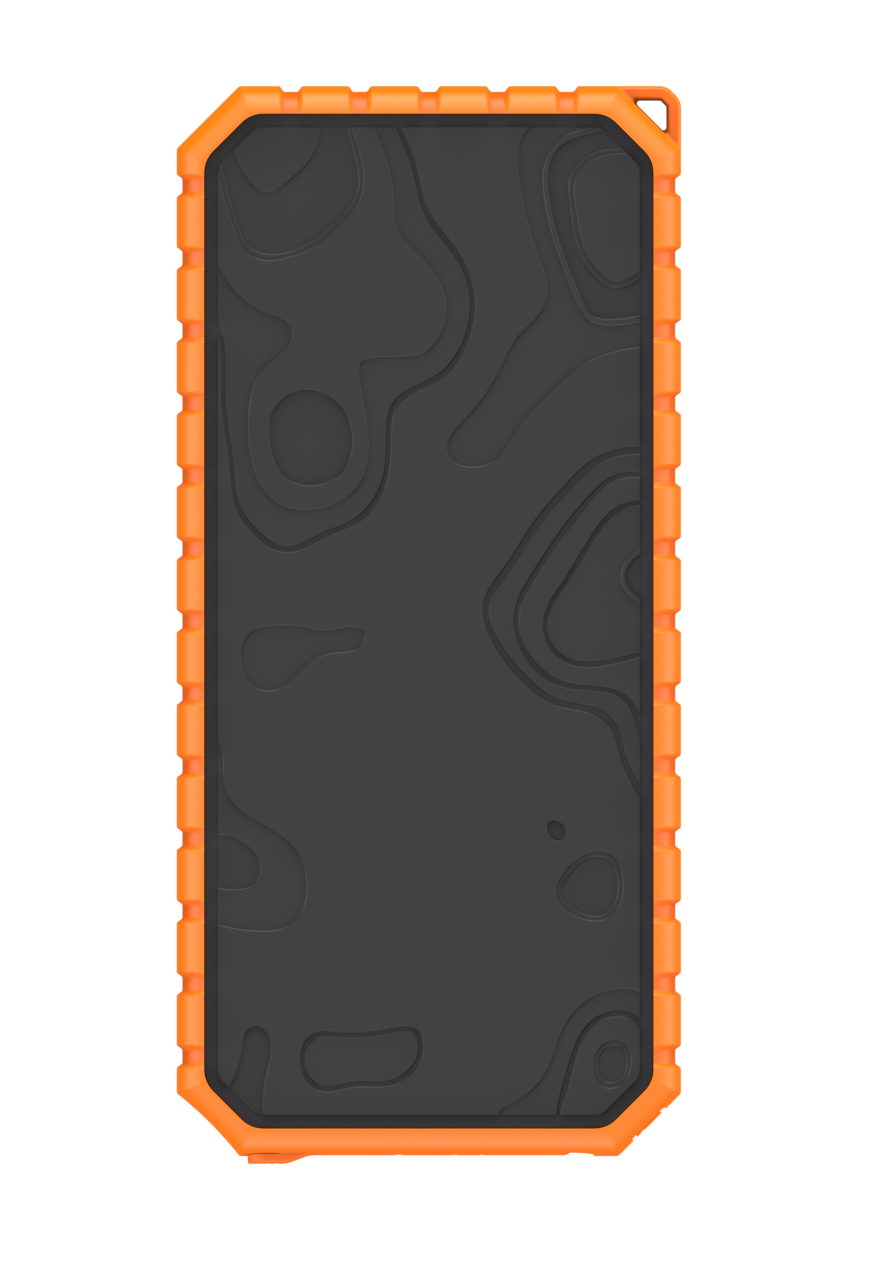 Ein robustes Telefon mit orangefarbenem Rahmen und schwarzem Bildschirm. Der Bildschirm hat ein topografisches Muster.