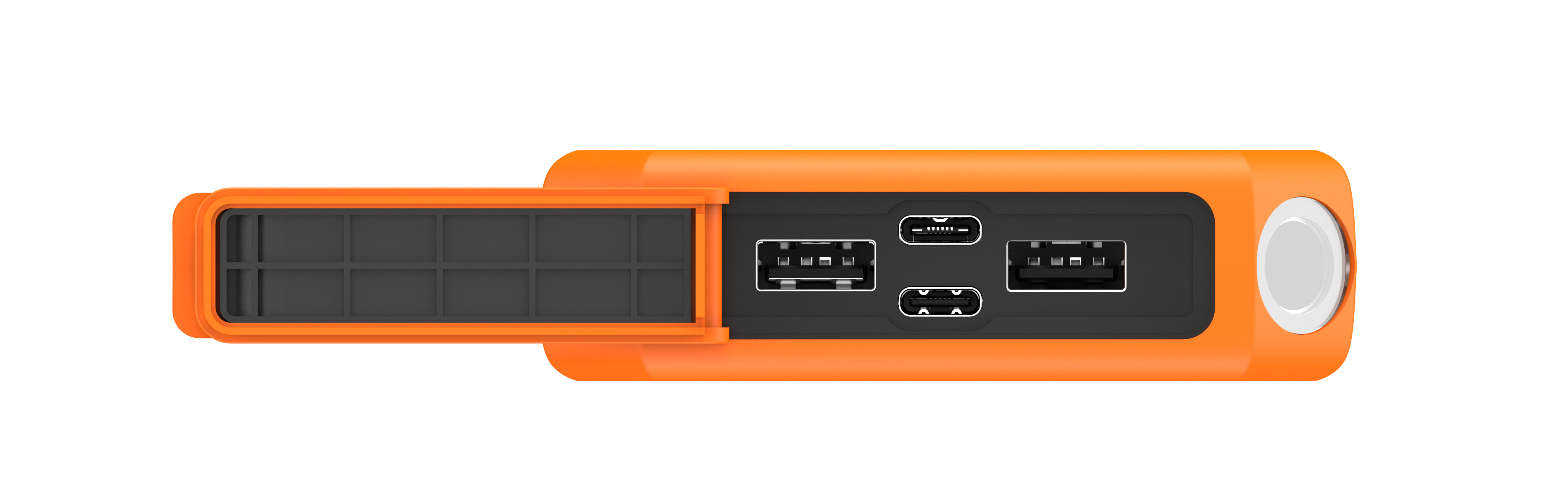 Orangene Powerbank mit USB-Anschlüssen, einem Staufach und einem weißen Knopf, vor weißem Hintergrund.