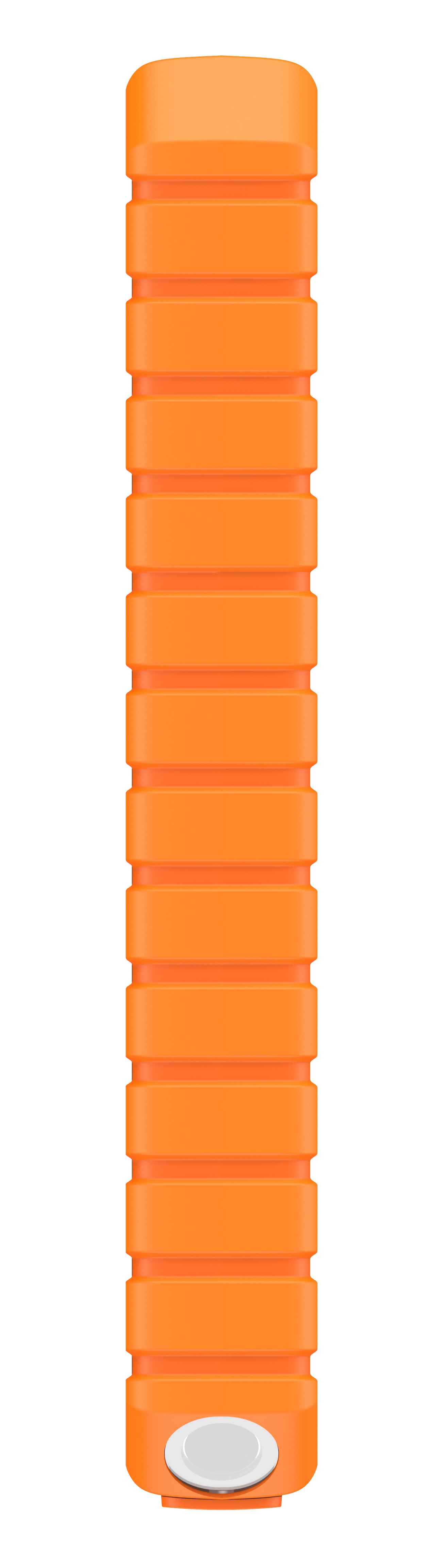 Ein orangefarbenes, zylindrisches Objekt mit einer Reihe rechteckiger Segmente und einem silbernen Knopf auf weißem Hintergrund.