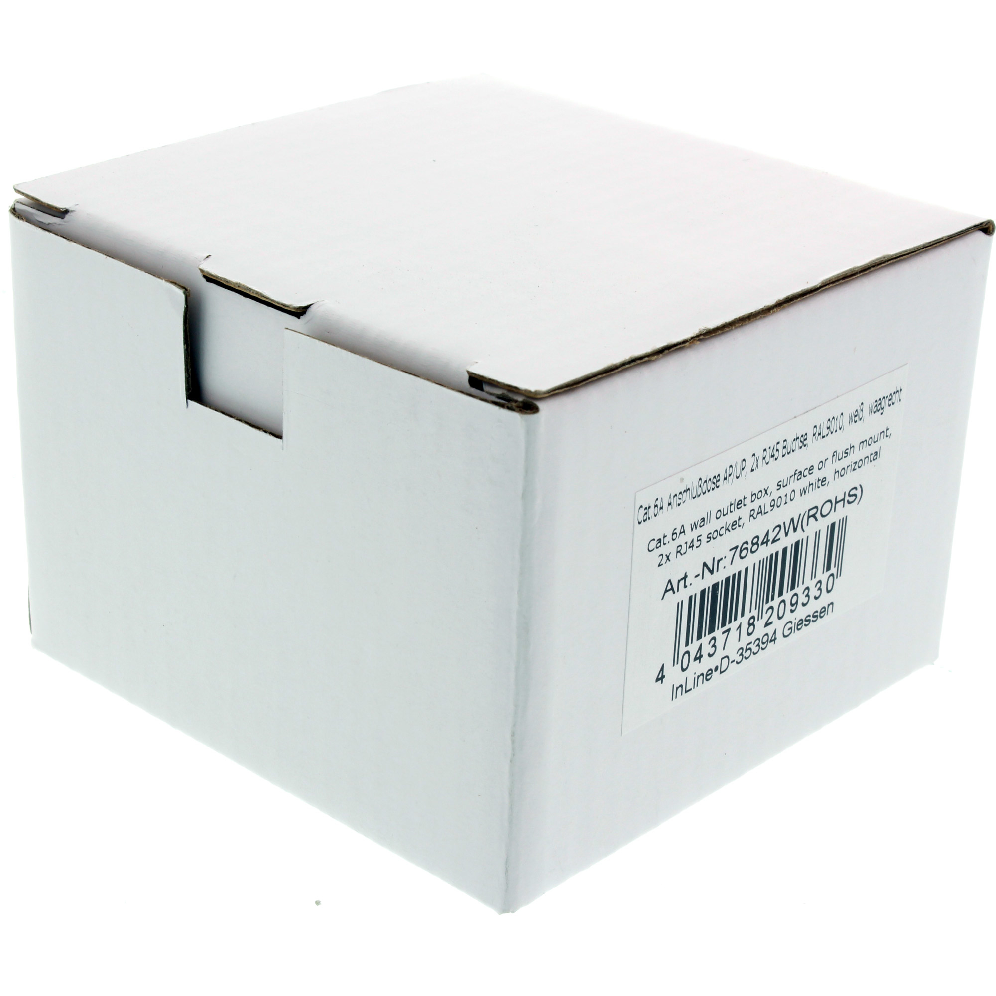 Ein weißer Karton mit Text und Barcode. Die Box ist für eine Wandsteckdose mit RJ45-Buchsen.