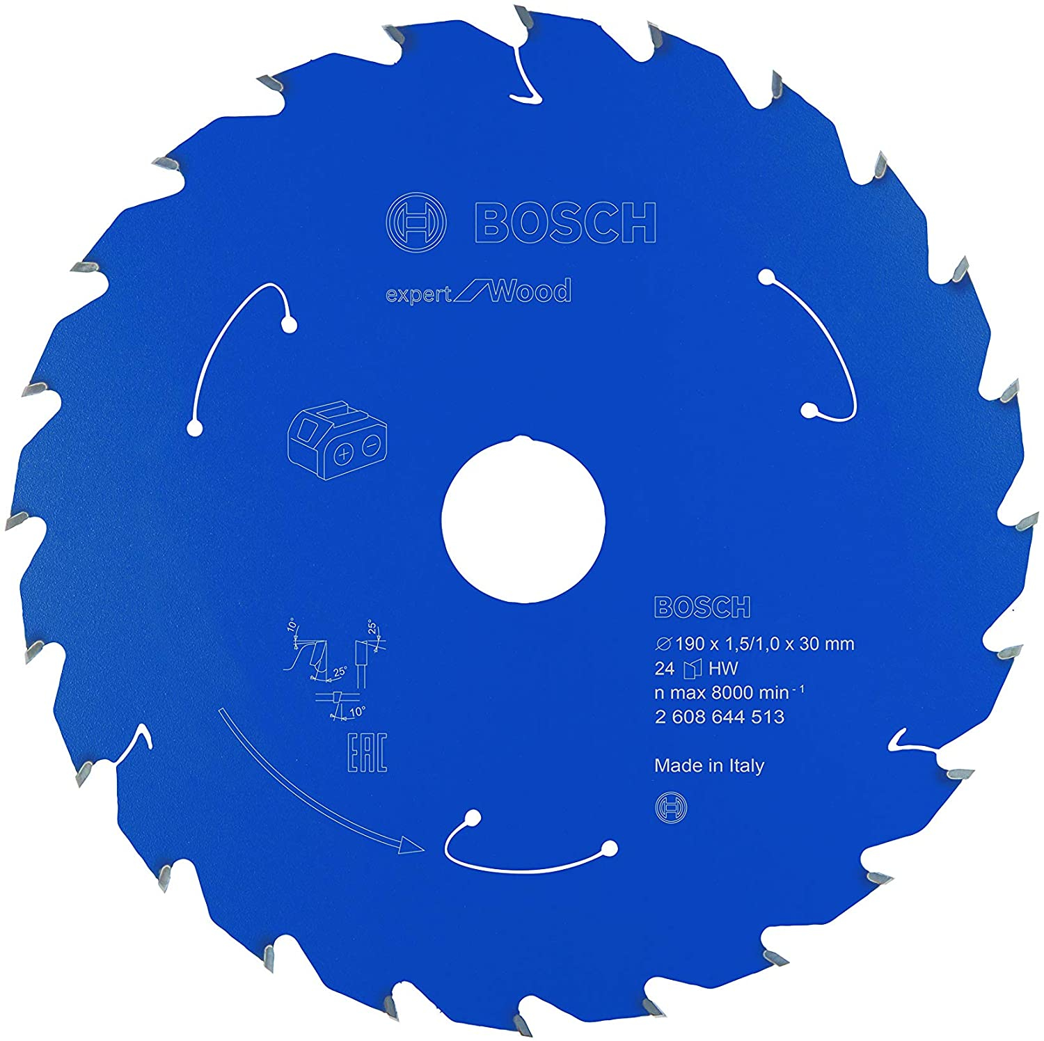 Blaues Kreissägeblatt mit Bosch-Logo, weißem Text und gezahnten Zähnen. Details umfassen Größe, Geschwindigkeit und 'Made in Italy'.