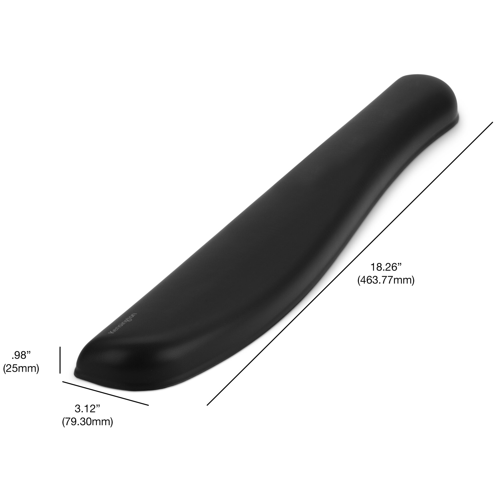 Un reposamuñecas negro Kensington, con dimensiones etiquetadas. Se coloca sobre un fondo blanco.