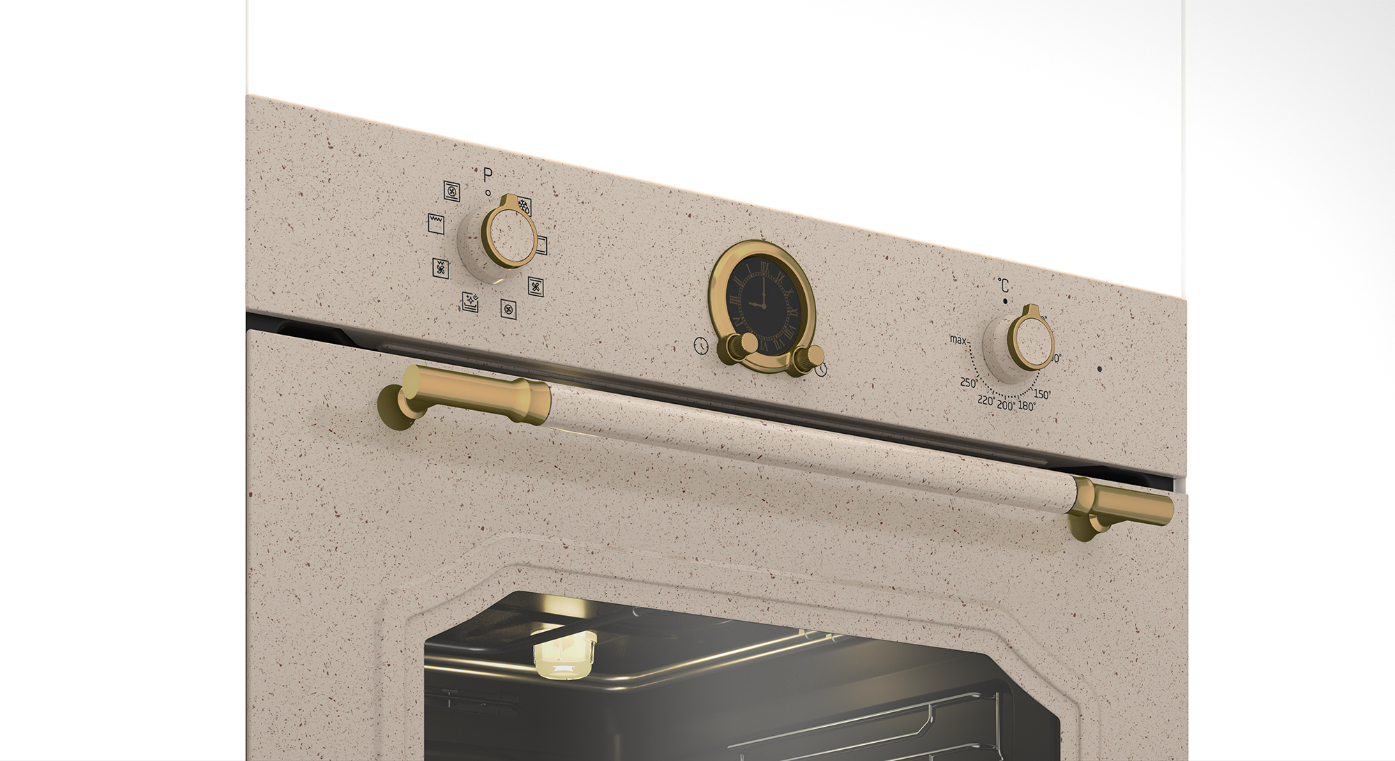 Primo piano di un forno beige con accenti dorati. Ha manopole, un orologio e una maniglia. La porta del forno è aperta.
