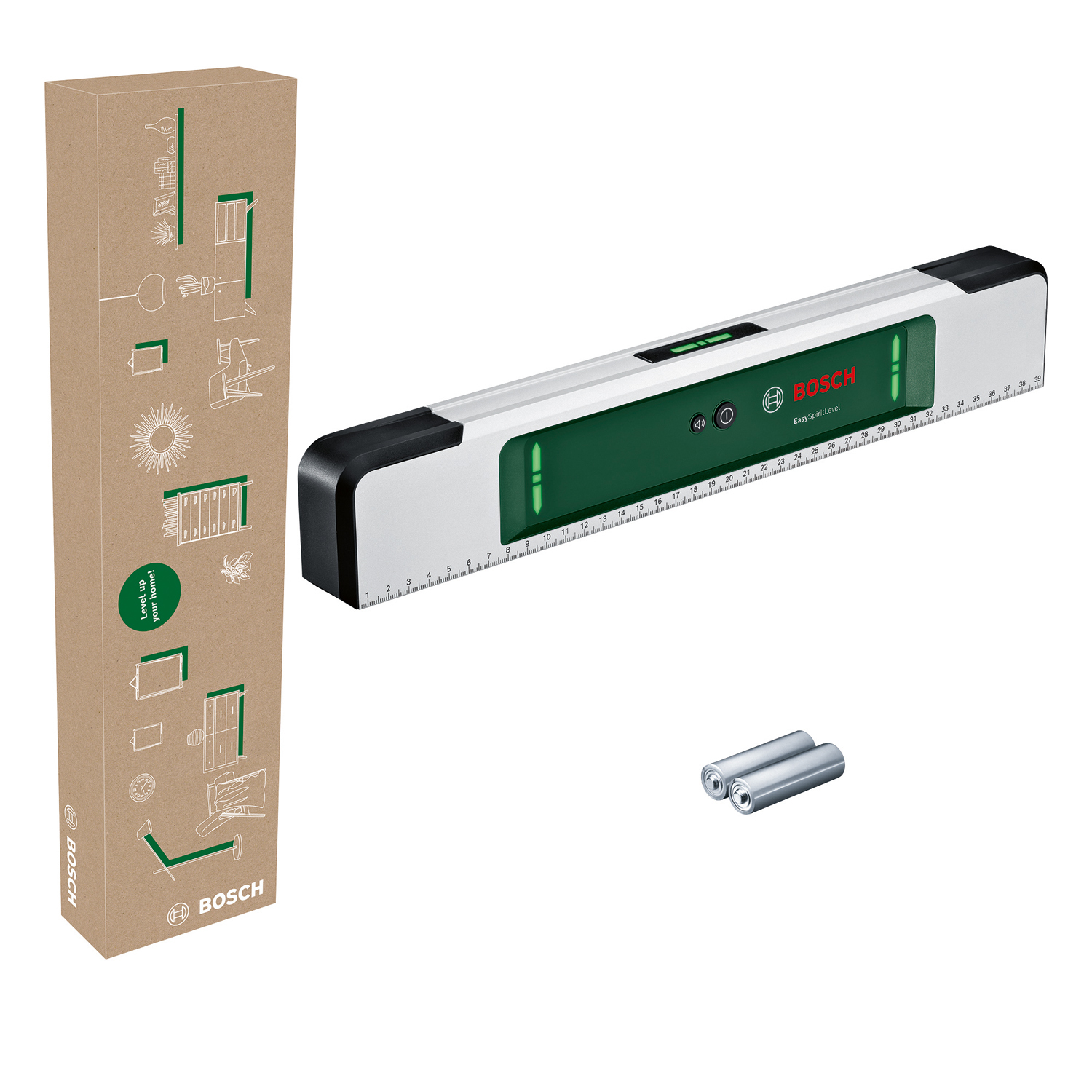 Ein Bosch EasySpiritLevel-Werkzeug mit Verpackung und Batterien. Die Wasserwaage ist weiß und grün mit Maßen. Die Box ist braun mit Diagrammen.