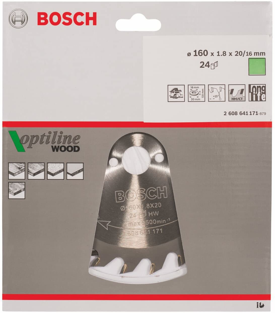 Bosch Optiline Holzsägeblatt. Silbernes Blatt mit weißen Zähnen. Verpackung zeigt Details und Spezifikationen, einschließlich Größe und Geschwindigkeit.
