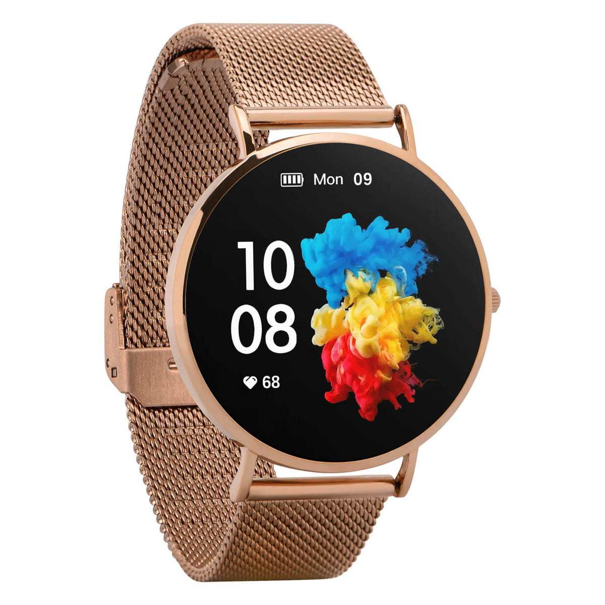 Une montre connectée en or rose avec un bracelet en maille. L'écran noir affiche l'heure et un motif abstrait coloré.
