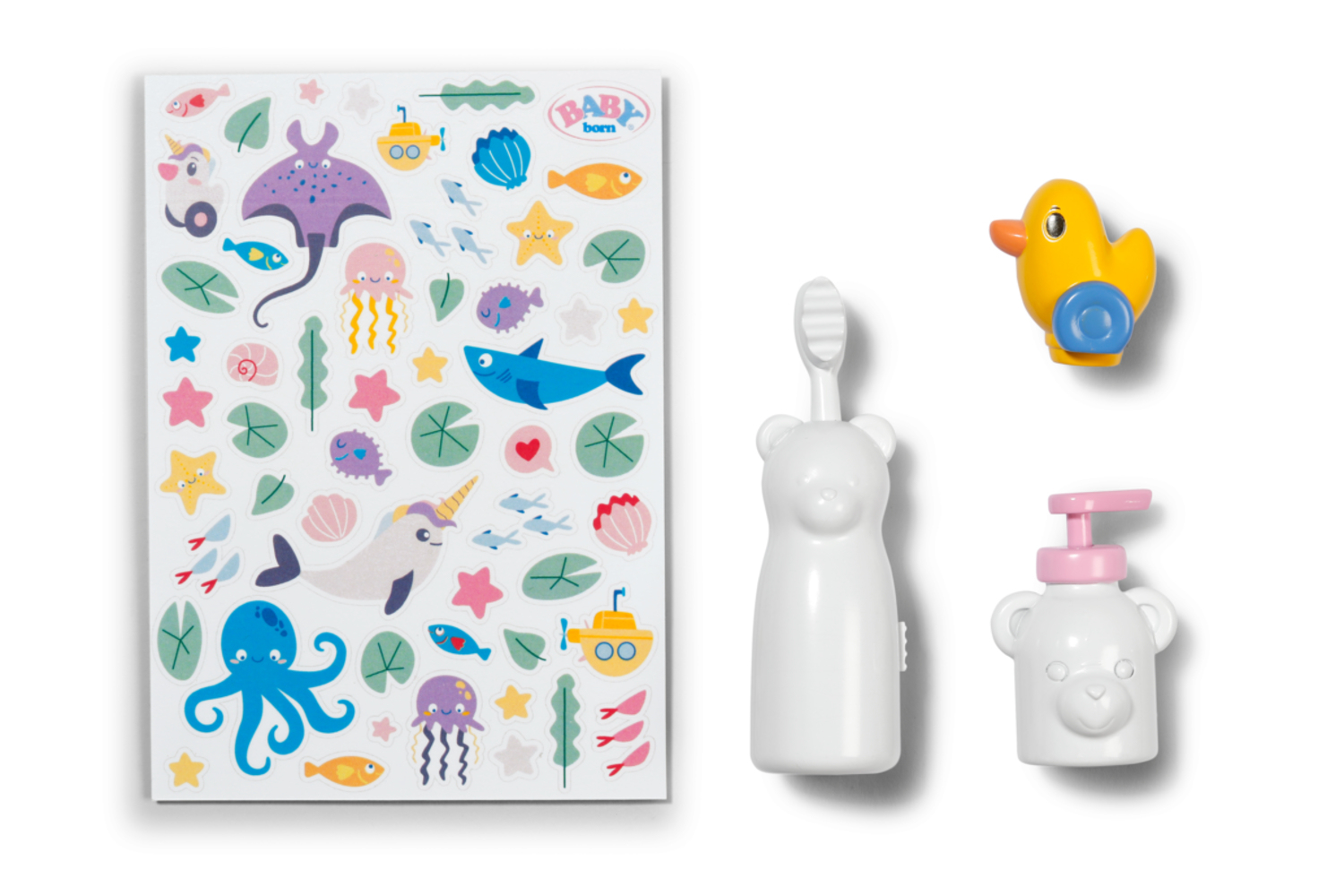 Arkusz naklejek wodnych, biała szczoteczka do zębów, dozownik mydła i żółta zabawka kaczka, wszystko na białym tle.