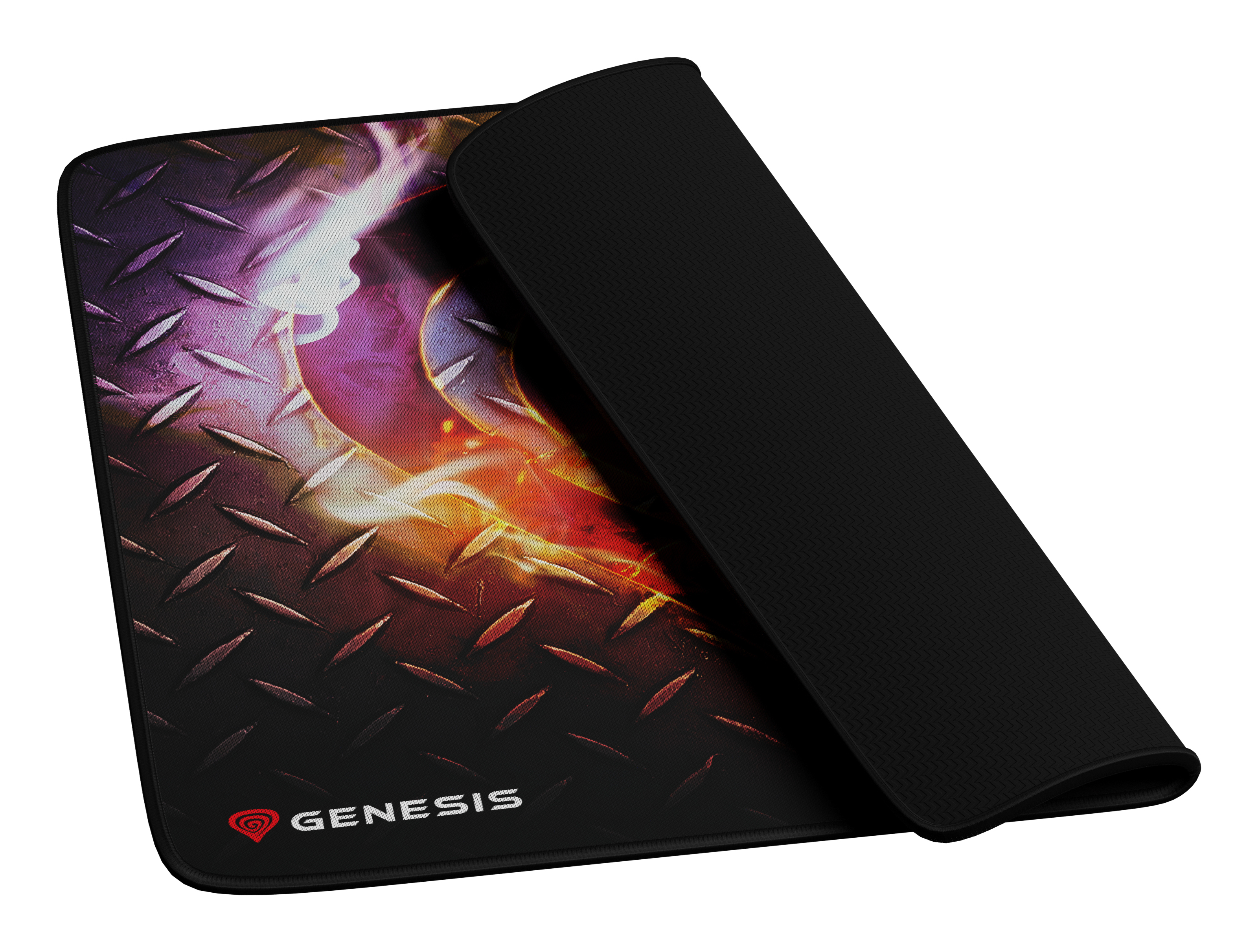 Un tapis de souris de jeu avec un motif en plaque de diamant. Le logo Genesis est visible. La partie supérieure est relevée.