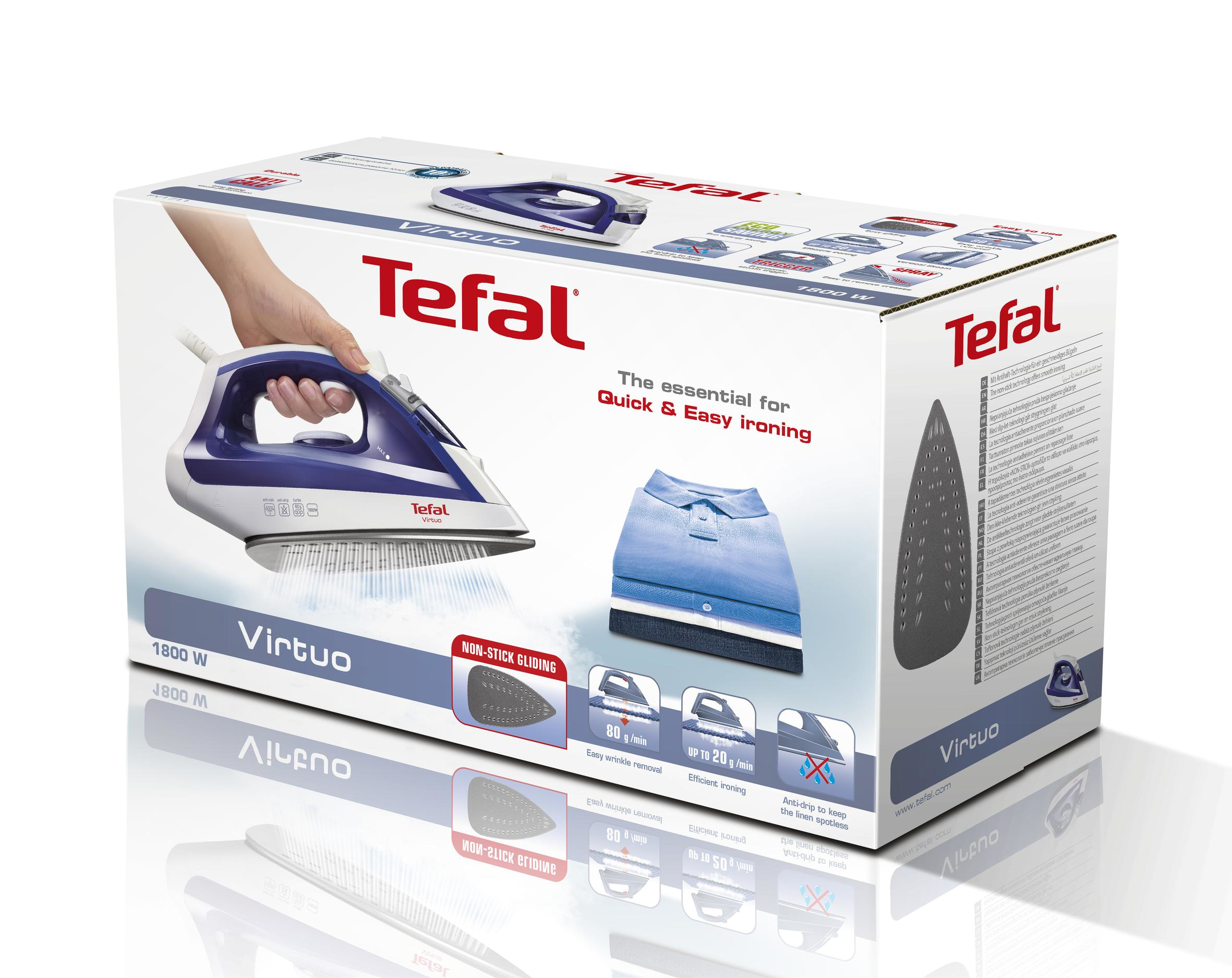 Pudełko z żelazkiem Tefal z niebiesko-białym żelazkiem, stosem niebieskich ubrań i tekstem.