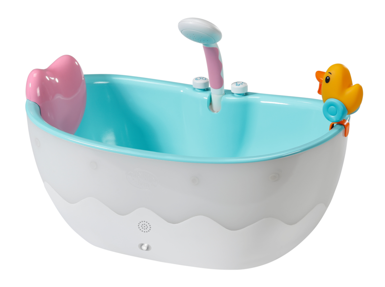 Una vasca da bagno per bambini giocattolo con schienale a forma di cuore rosa, interno blu, doccia e anatra gialla.