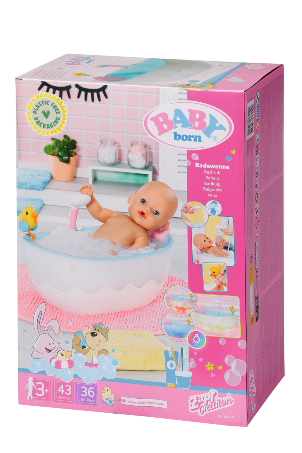 Una scatola mostra una bambola in una vasca da bagno. La scatola è rosa e bianca, con il marchio BABY born. Ci sono altri giocattoli.