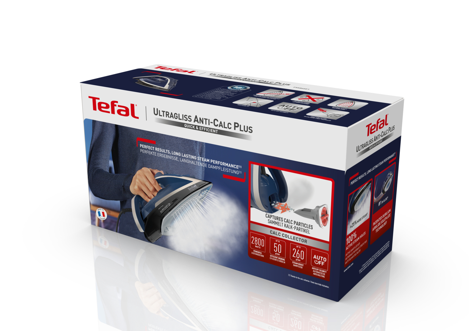 Eine Tefal Ultragliss Anti-Calc Plus Bügeleisenbox. Sie zeigt ein Bügeleisen in Gebrauch, Dampf kommt heraus. Merkmale sind aufgeführt.