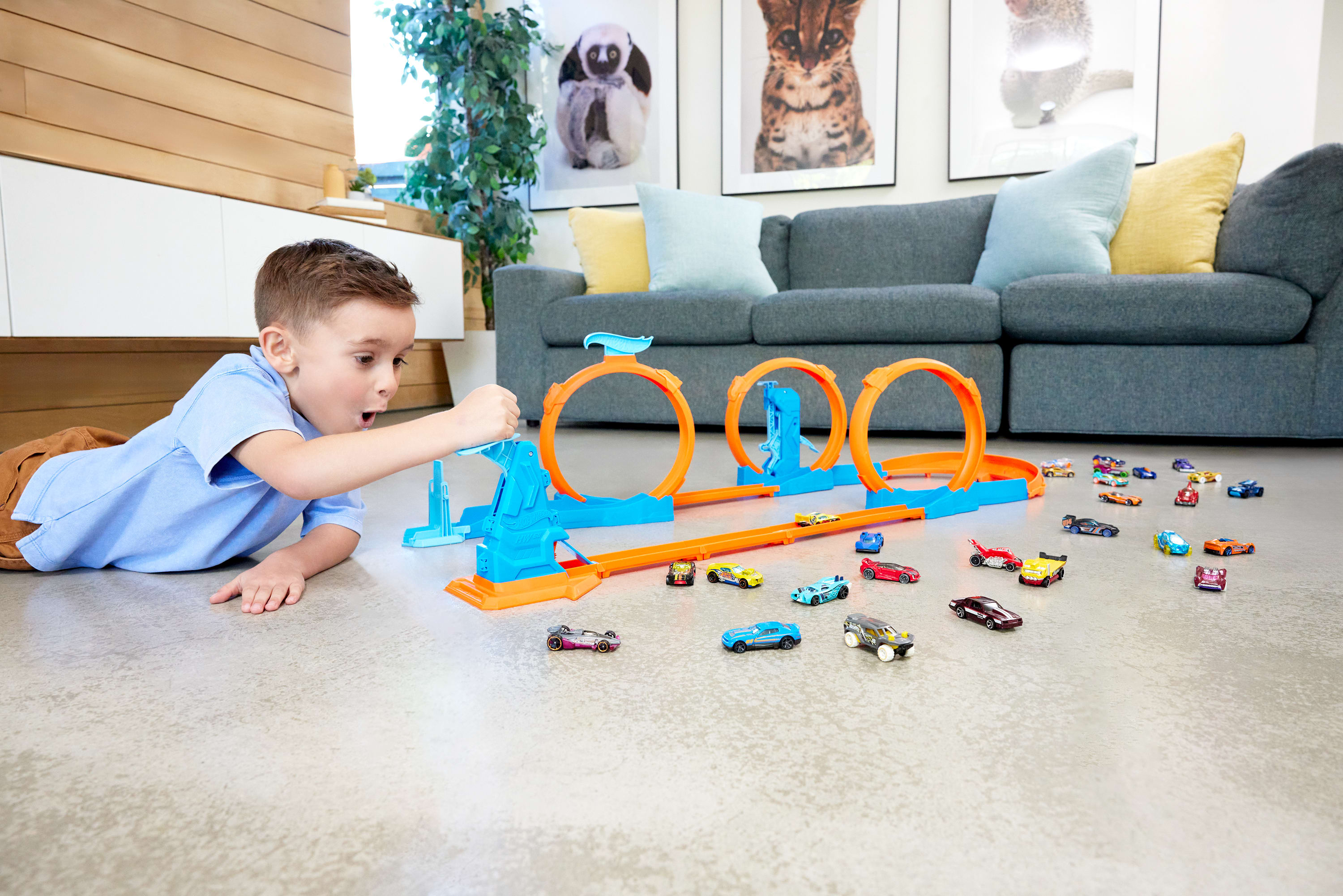 Chłopiec bawi się samochodzikami i torem. Szara sofa, sztuka z kotami i roślina w tle.