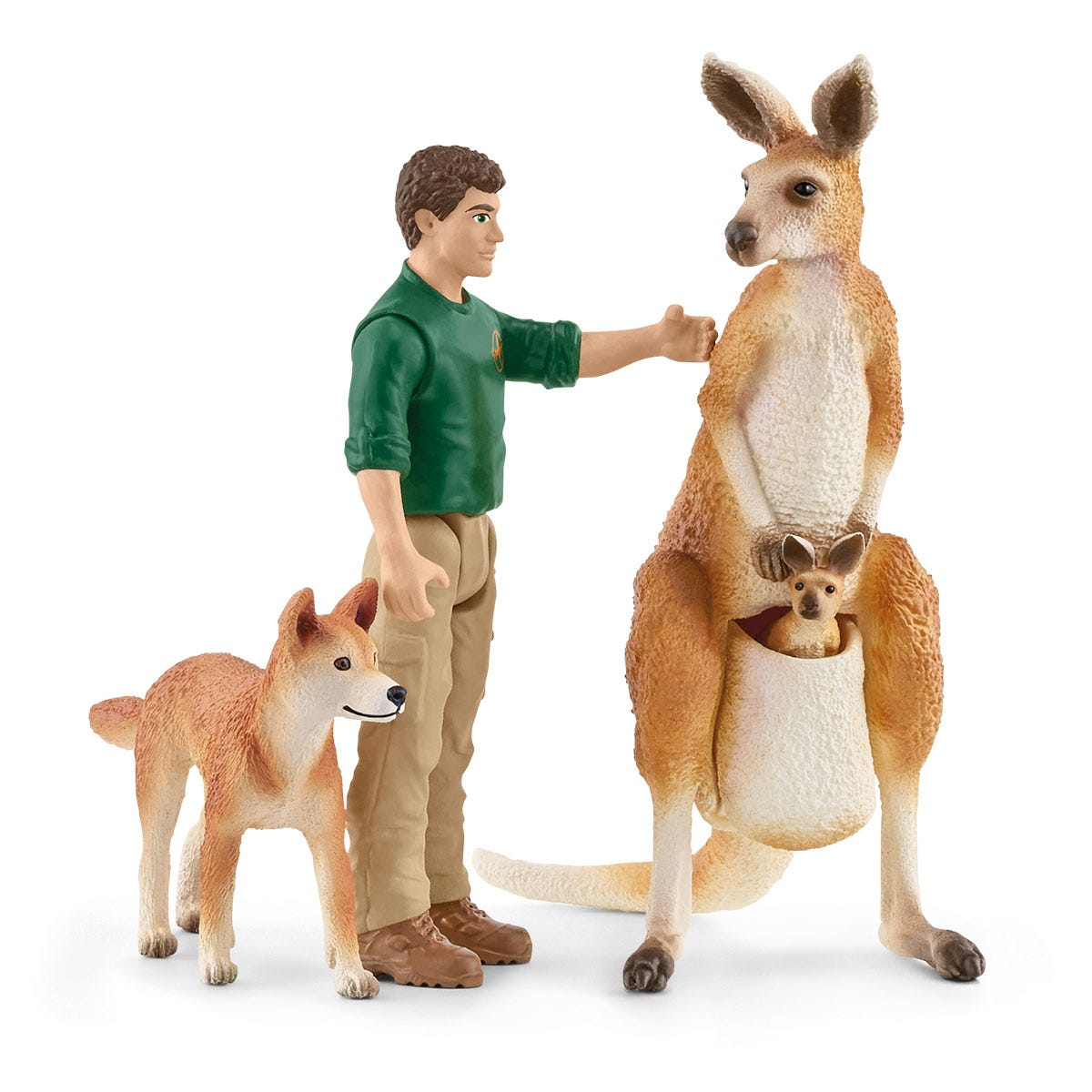 Una scena giocattolo con un uomo, un dingo e un canguro con un piccolo nel marsupio. Sono tutte statuette su sfondo bianco.