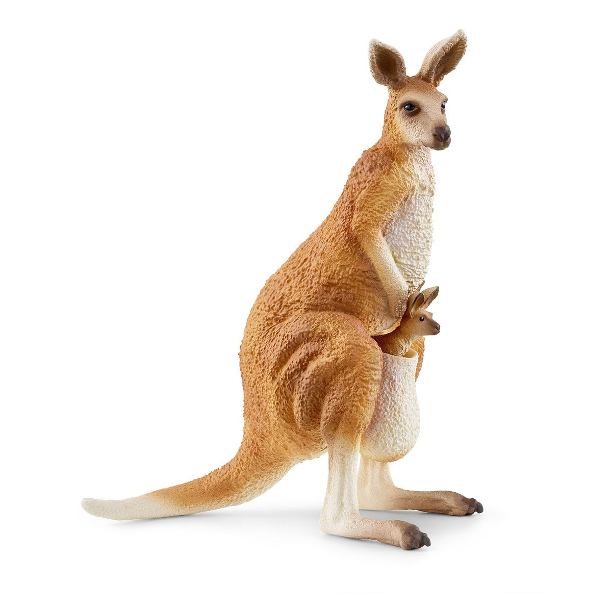 Una figura di canguro con un piccolo nel suo marsupio. Il canguro è marrone e beige, su sfondo bianco.