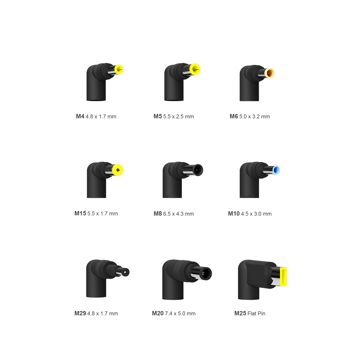 Nueve conectores de adaptador de corriente negros, varios tamaños y configuraciones de pines, etiquetados con números de modelo y dimensiones. Fondo blanco.